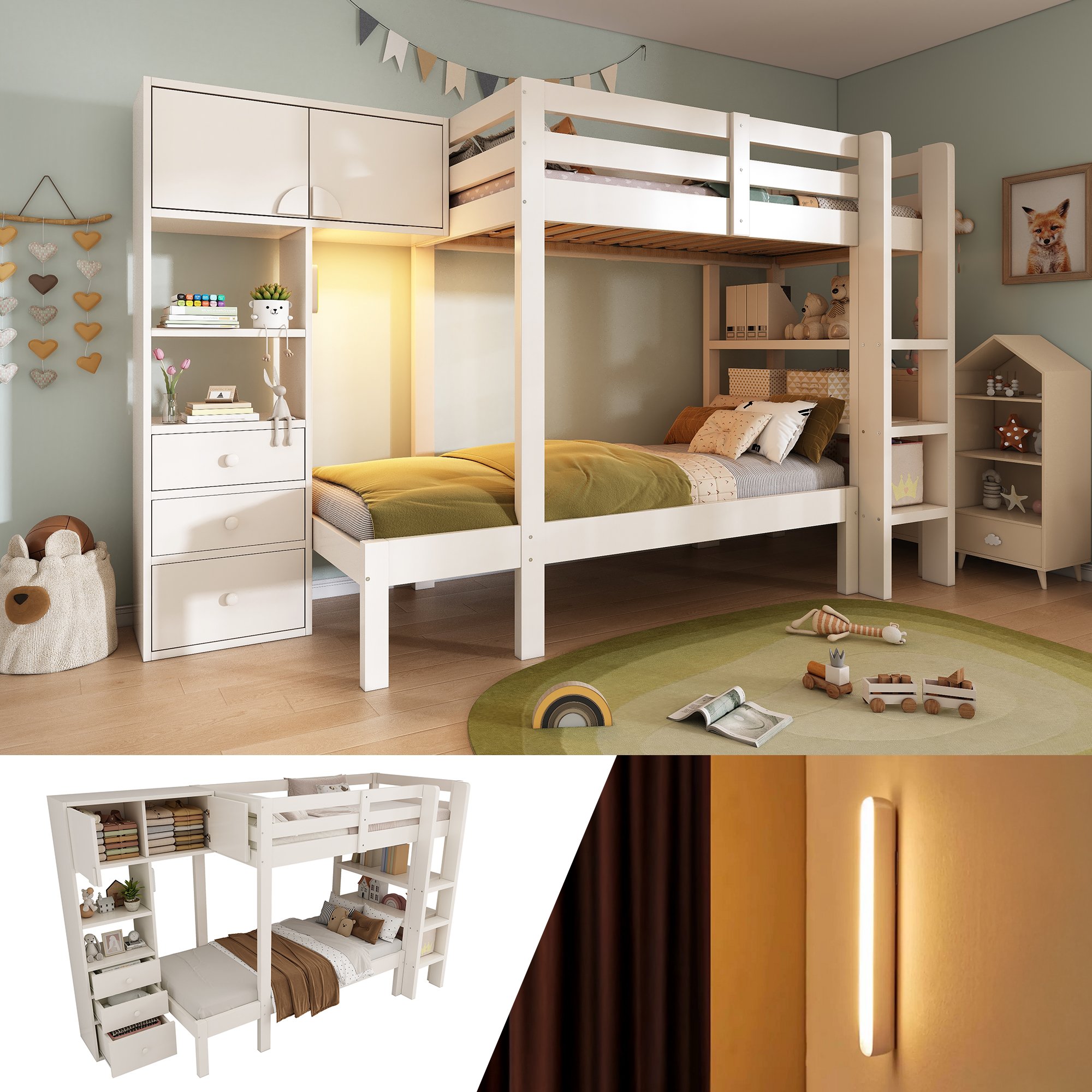 Lit superposé 90x200 cm blanc en bois et métal avec rangement intégré, tiroirs, étagères et nuit de veilleuse LED