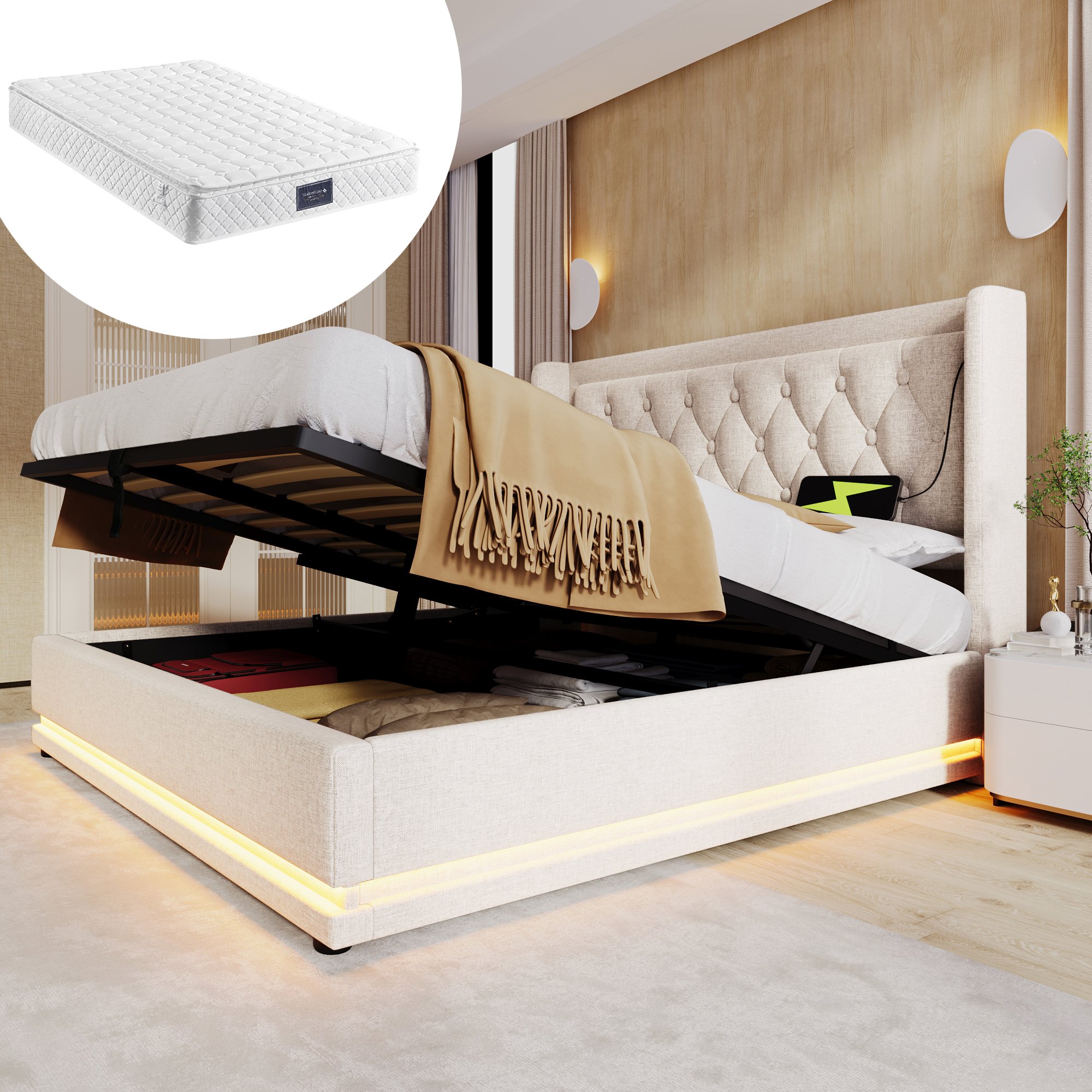 lit coffre 140x200 beige coton avec rangement hydraulique, LED 3 côtés et USB Type-C, tête de lit rembourrée capitonnée