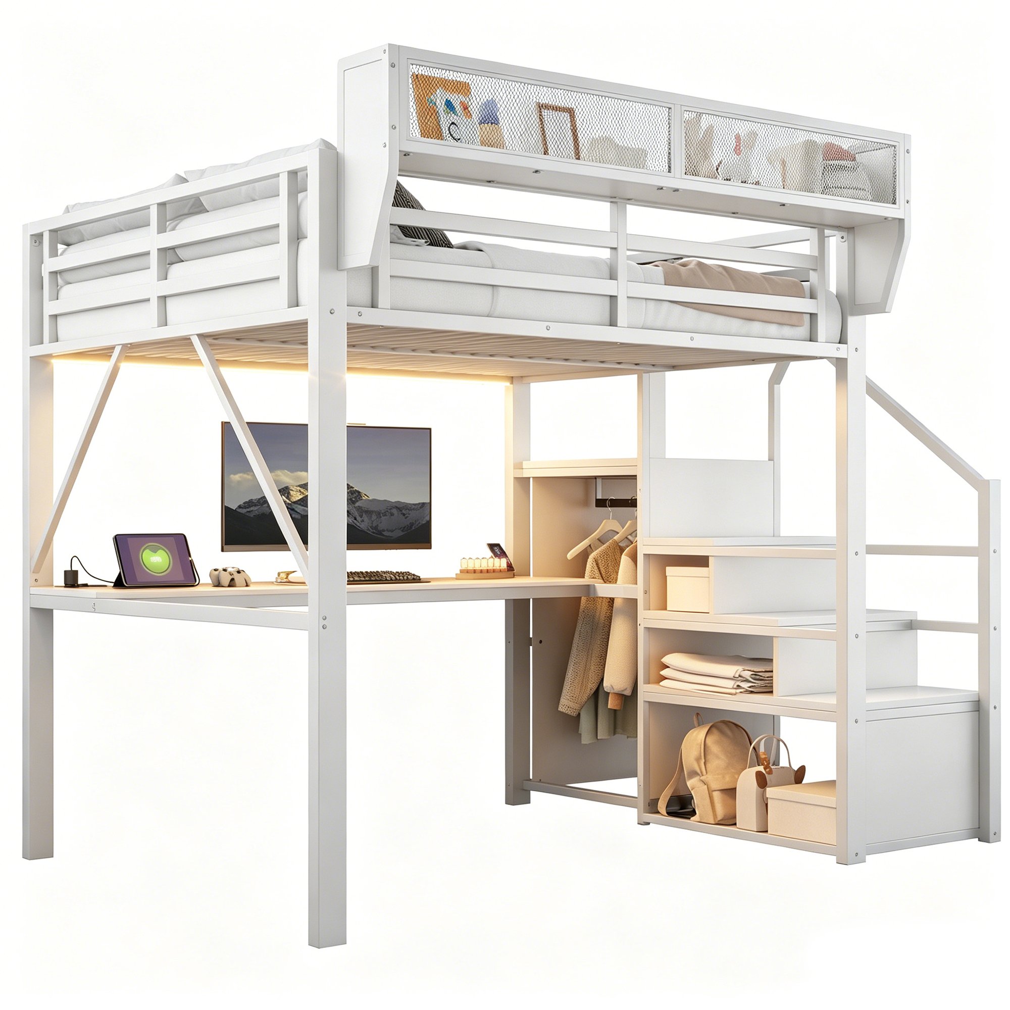 Lit mezzanine 140x200 cm pour adulte et enfant, avec bureau et rangements intégrés