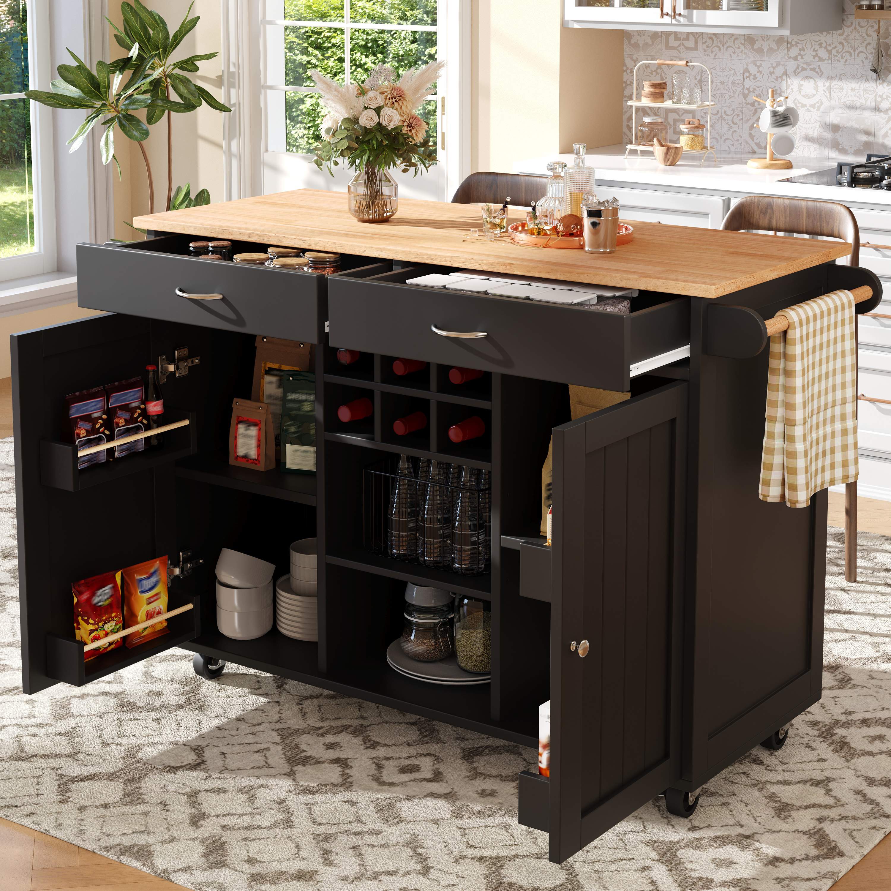 Petit îlot de cuisine noir avec rangement, sur roulettes, en Panneau composite de fibres de bois à densité et métal, étagères réglables et porte-bouteilles, 102x45x92 cm