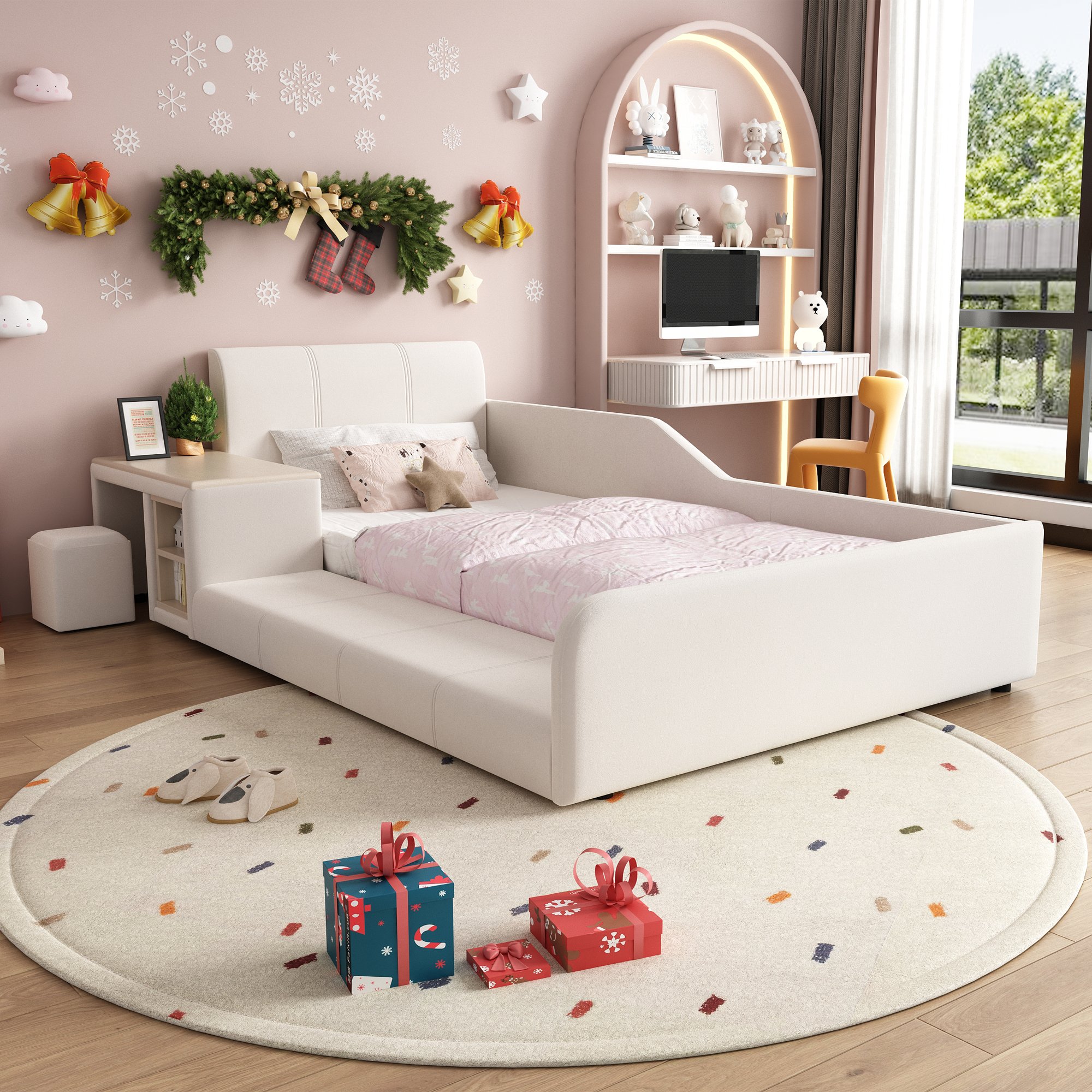 Lit enfant avec bureau intégré et rangement, 90x200, velours blanc