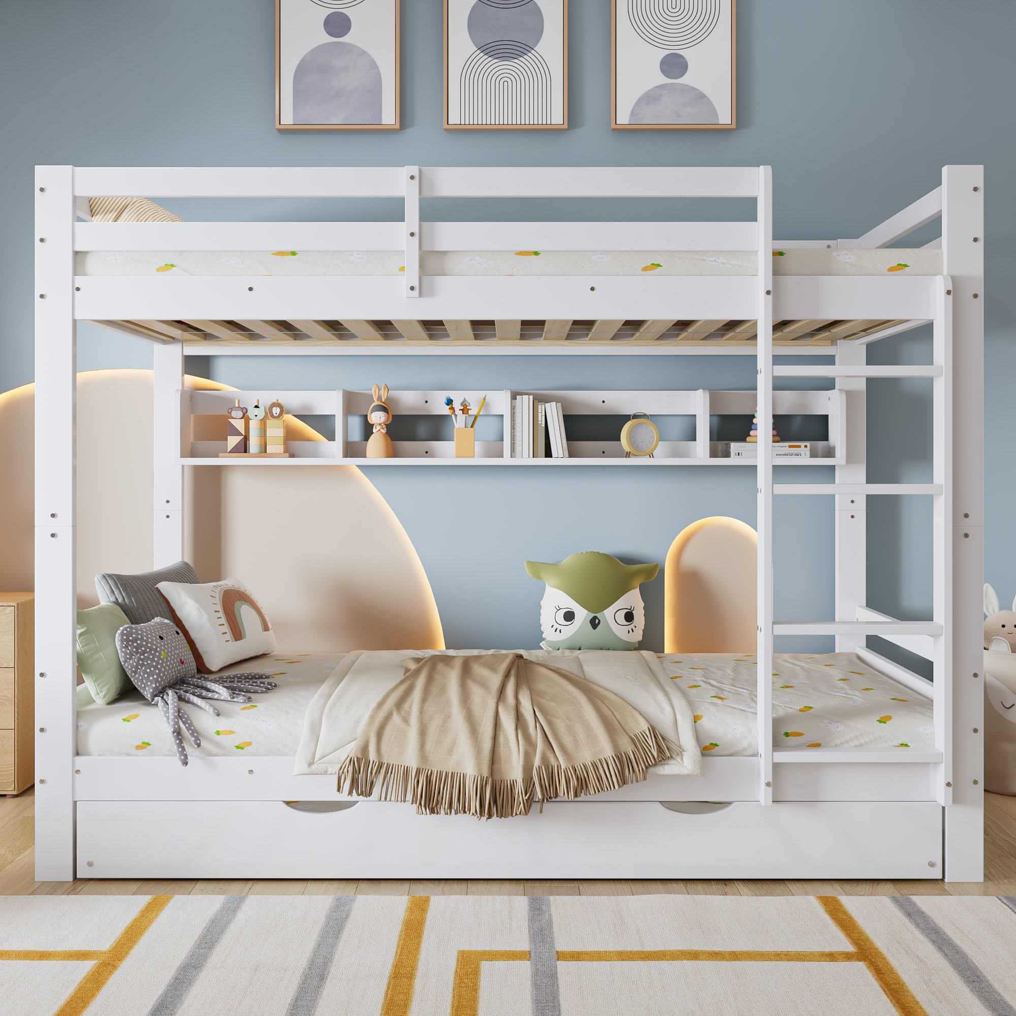 Lit superposé avec lit escamotable et rangements, 90x200, blanc