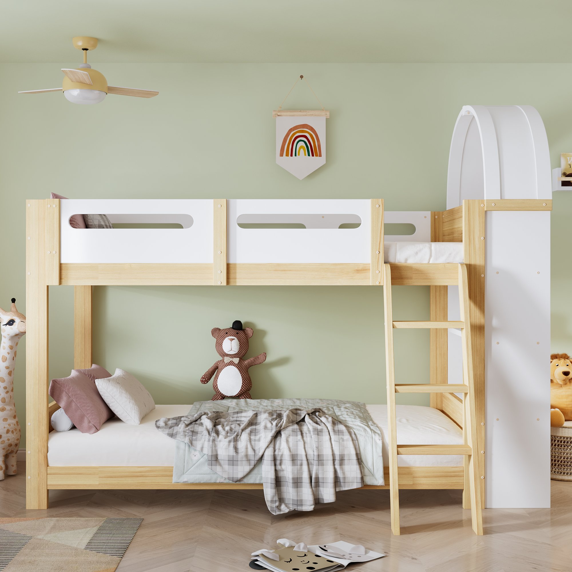 Lit superposé 90x200 cm pour enfant, 2 couchages, avec rangement, échelle et barrière de sécurité, bois massif et Panneau composite de fibres de bois à densité