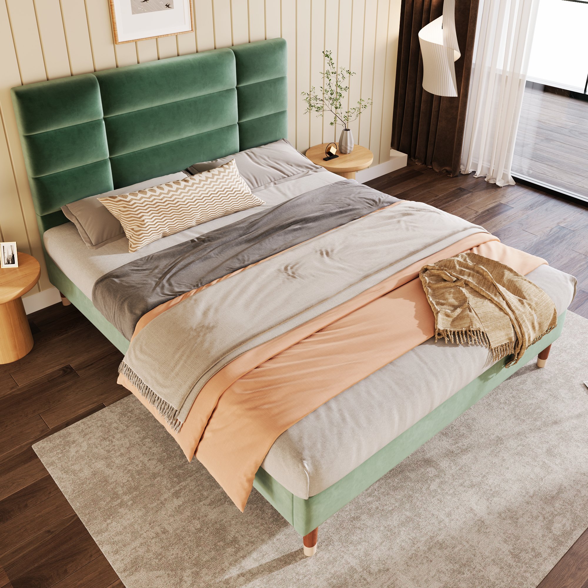 lit double rembourré 140x200 avec tête de lit haute et espace de rangement sous le couchage pour optimiser la chambre
