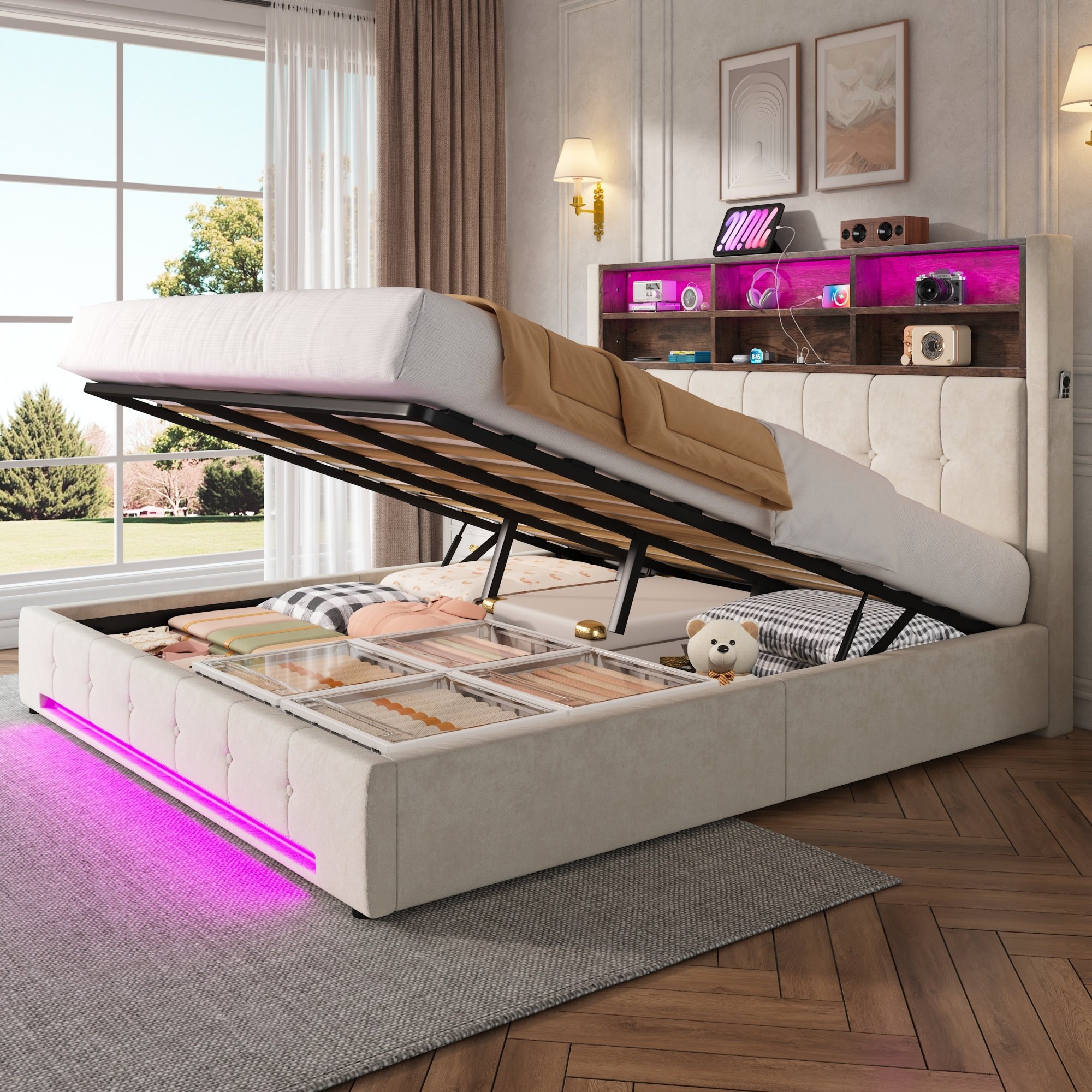 Lit coffre 180x200 en velours beige sur structure métallique, avec rangement hydraulique et tête de lit rembourrée