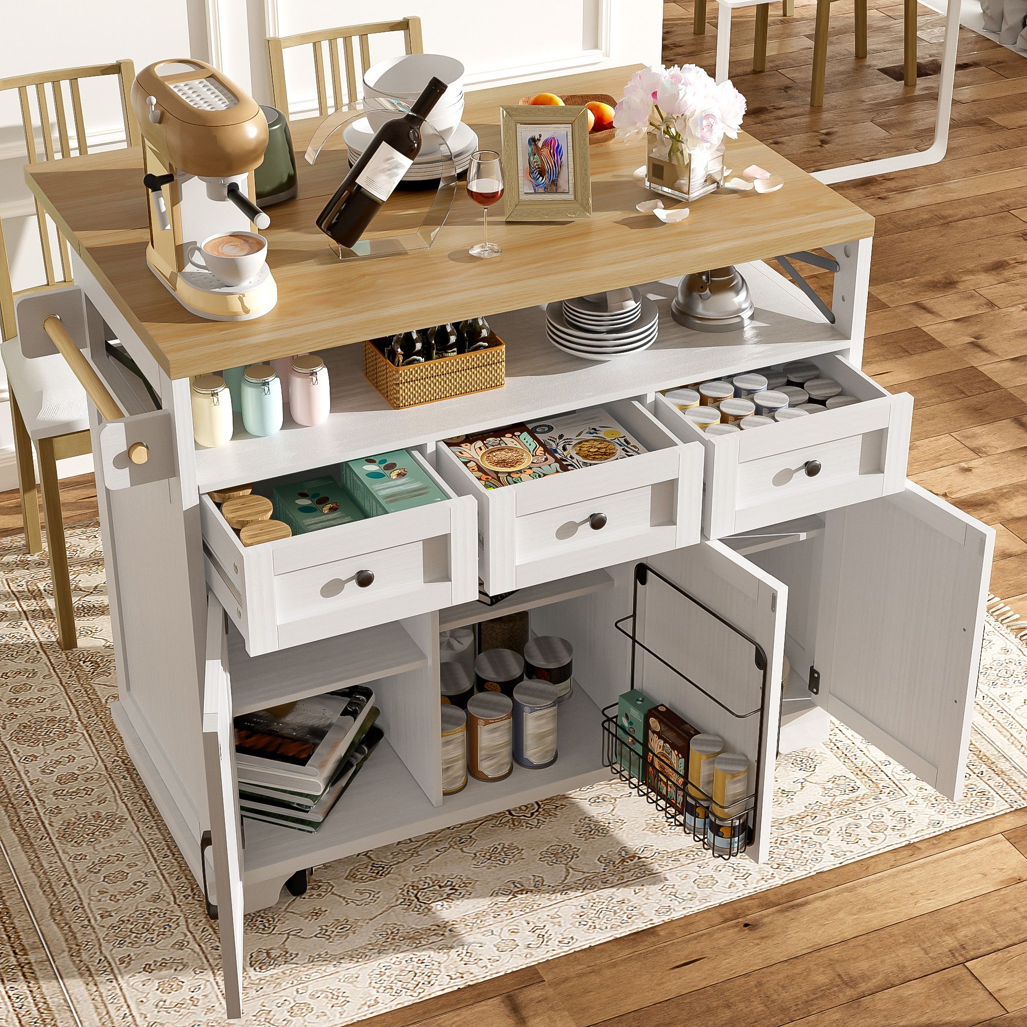 Îlot de cuisine blanc 118x43x98 cm avec rangement, table extensible, roulettes et porte-serviettes