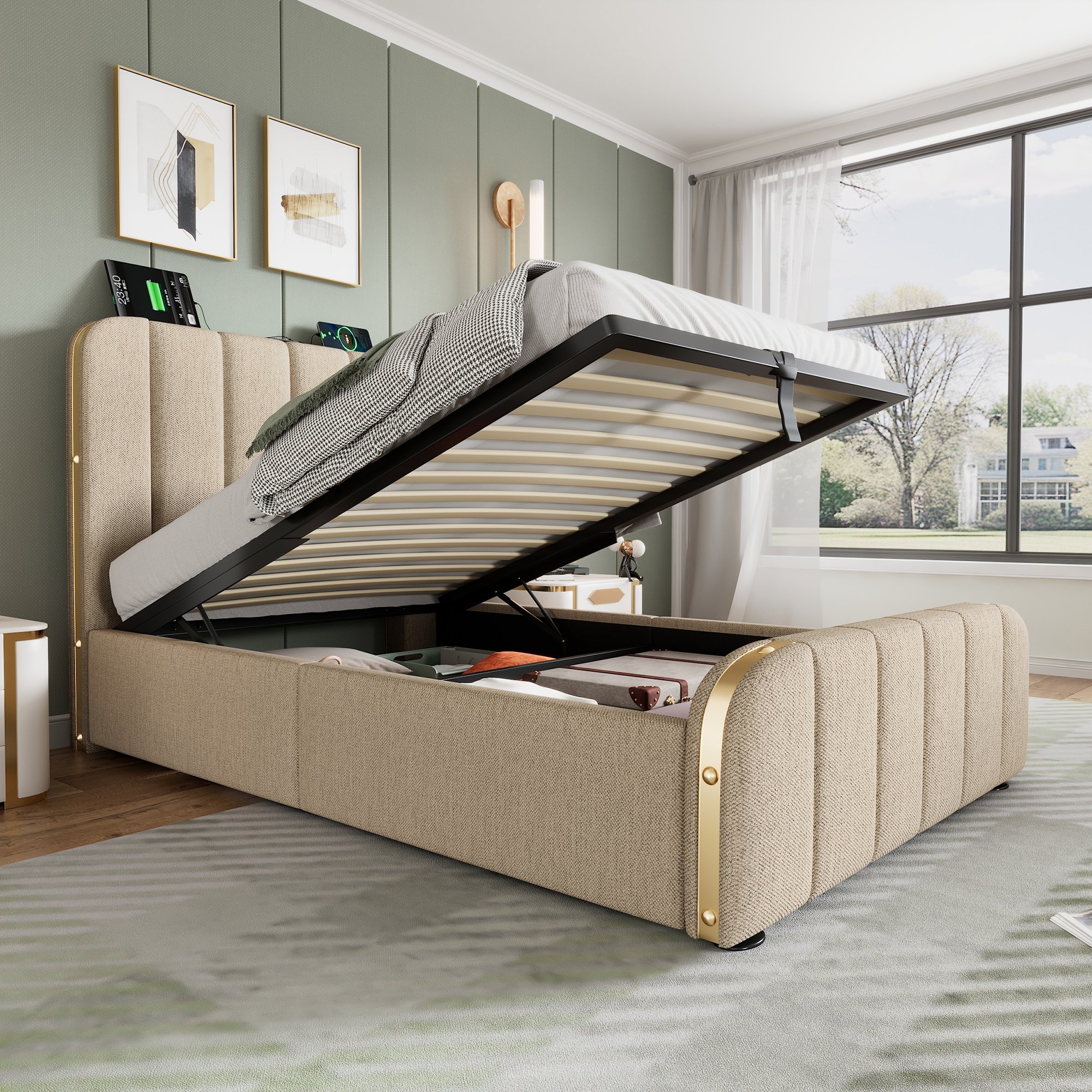 lit coffre 90x200 beige en tissu lin avec rangement hydraulique, sommier à lattes et ports USB Type-C