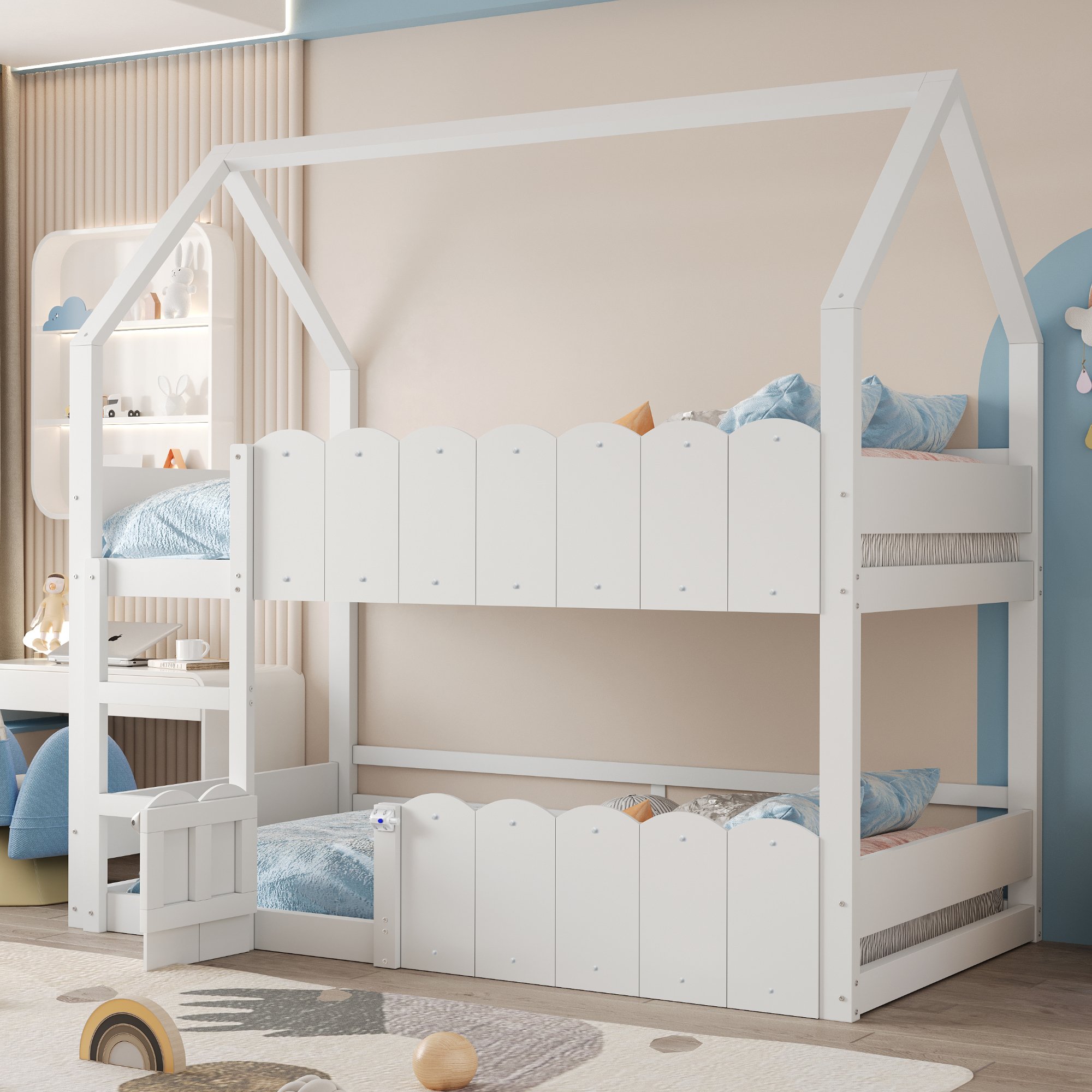 Lit superposé enfant 90x200 cm en bois blanc avec échelle et barrières de sécurité, design maison