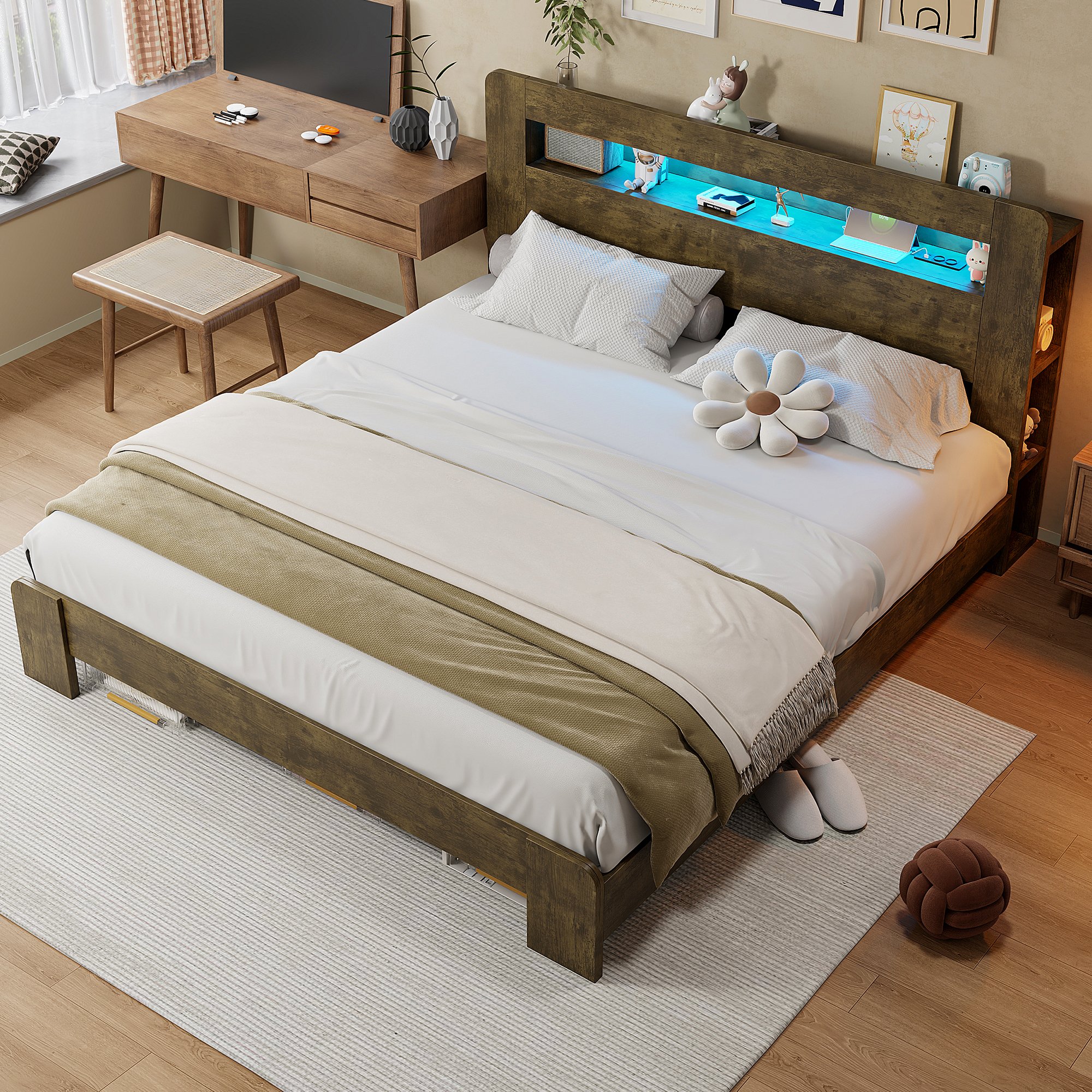 Lit coffre avec rangement au tête de lit, LED et prises USB, 180x200