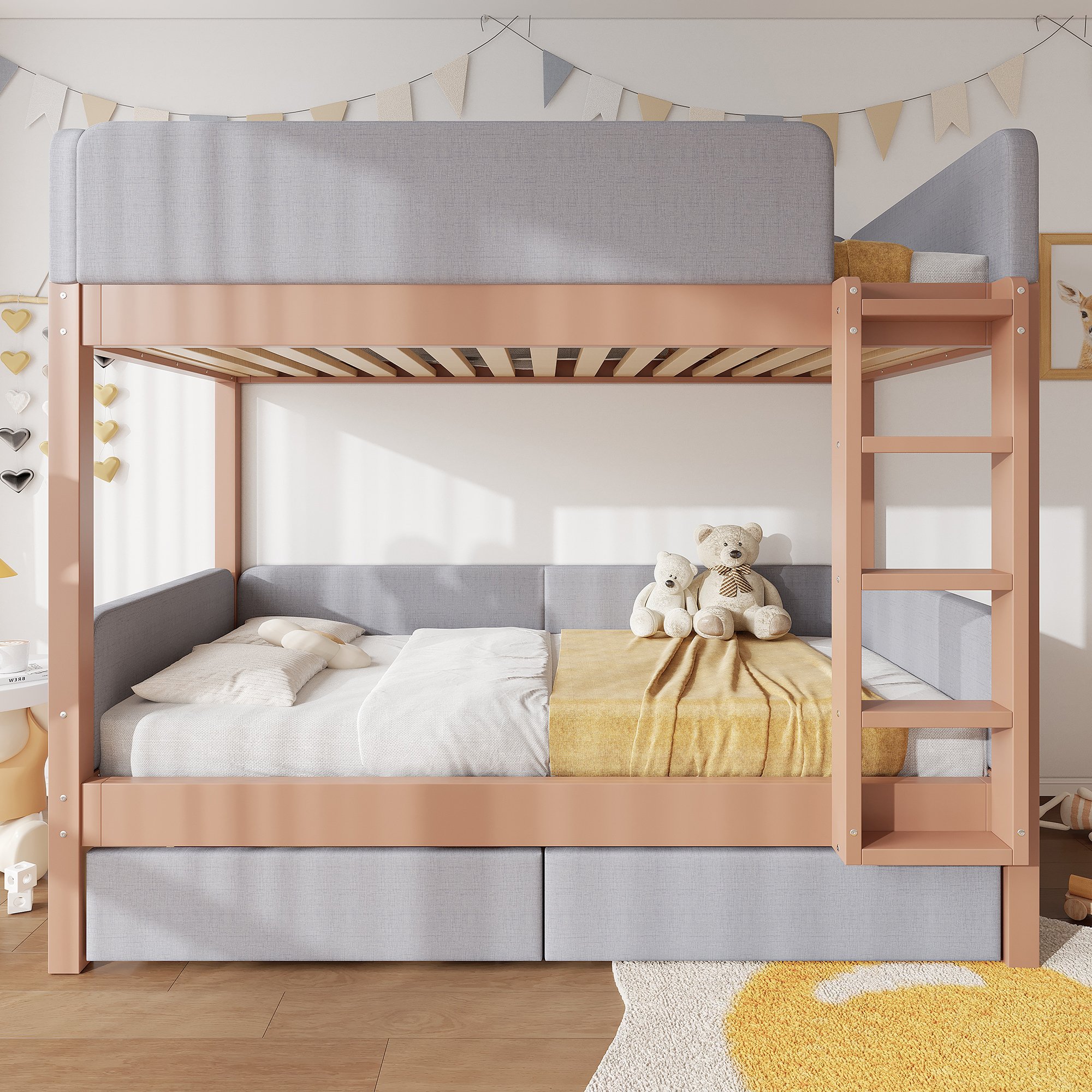 Lit superposé enfant 90x200 avec échelle droite et deux tiroirs, gris et naturel