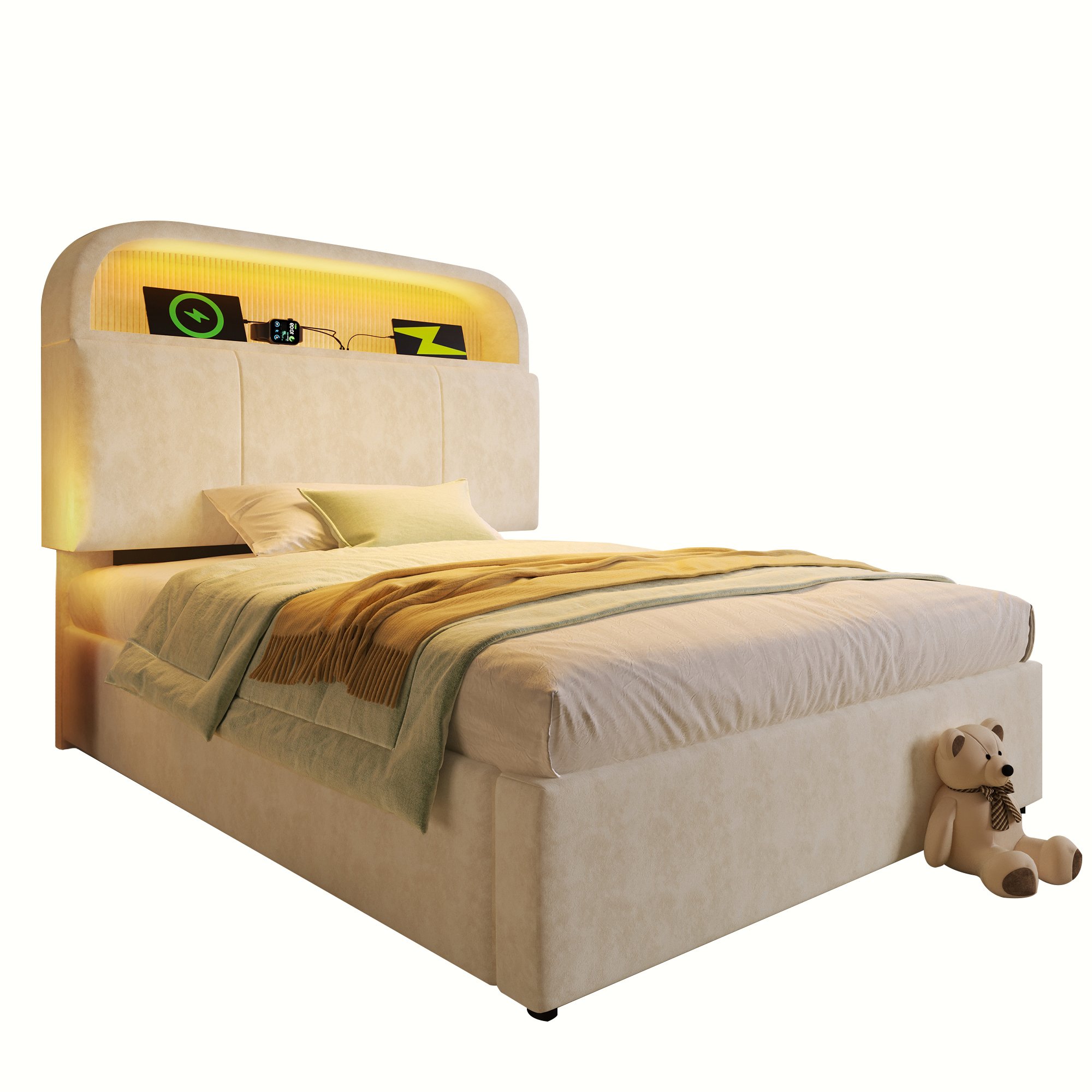 lit coffre 90x200 avec matelas, velours beige, rangement hydraulique, LED RGB et ports USB pour chambre moderne