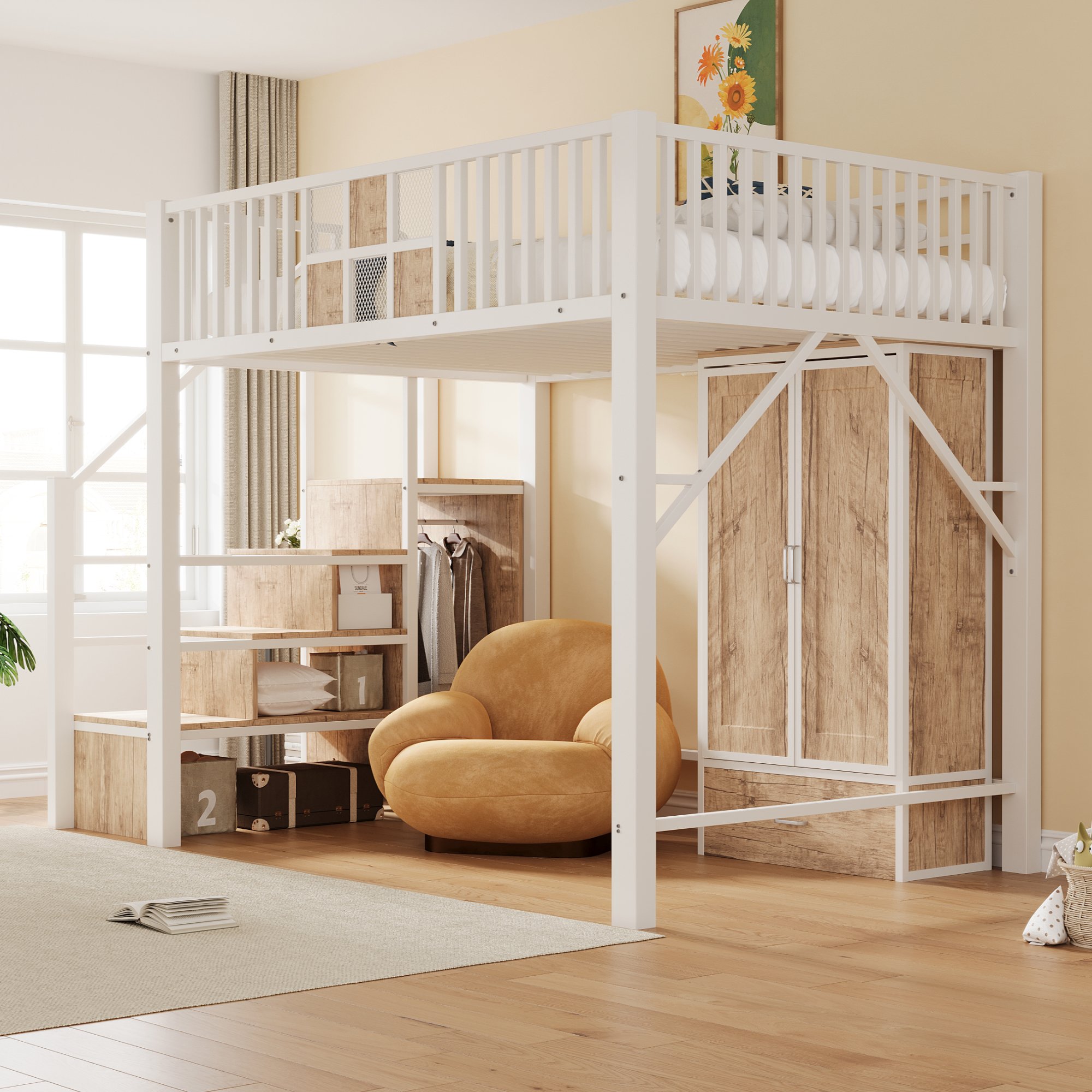 Lit mezzanine 140x200 avec échelle de rangement et placard intégré, blanc, métal et bois