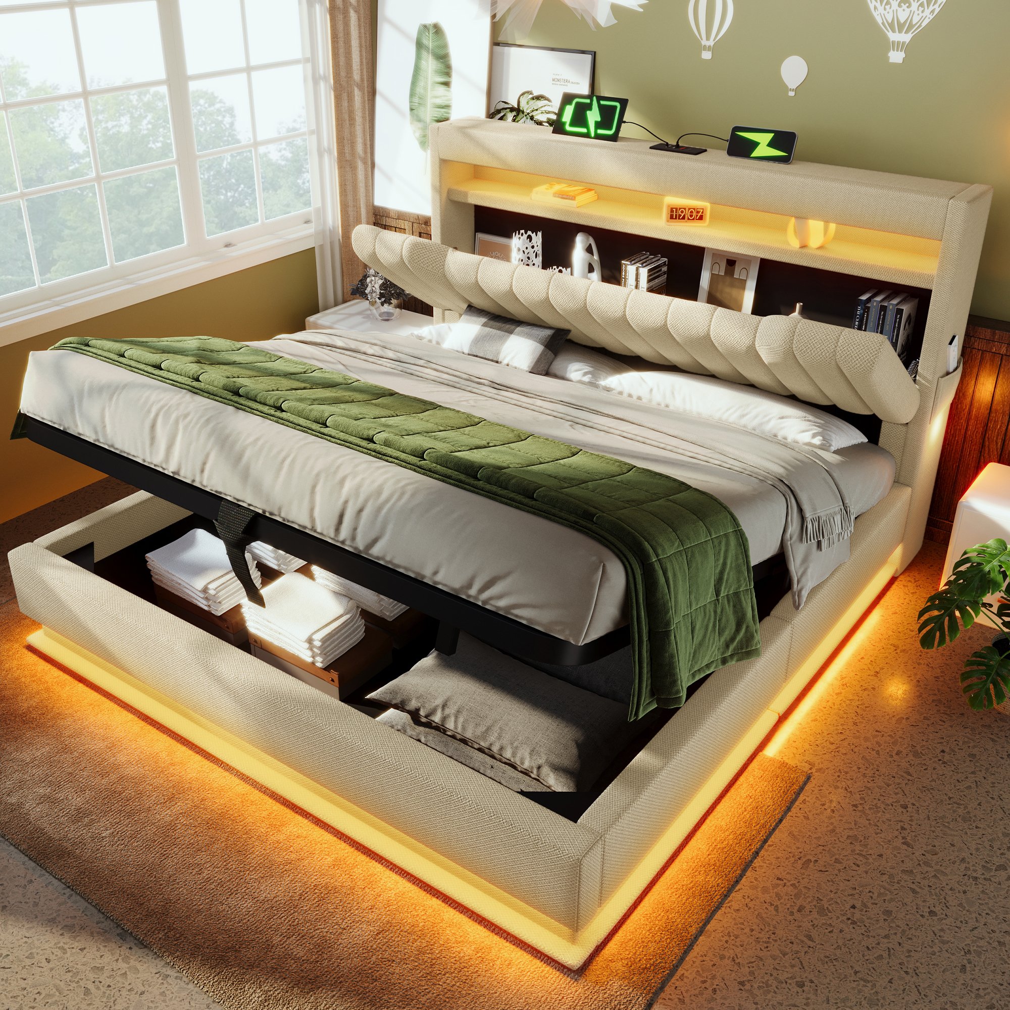 lit coffre 160x200 avec LED musicale, USB et Type-C, rangement hydraulique, tête de lit fonctionnelle beige en lin