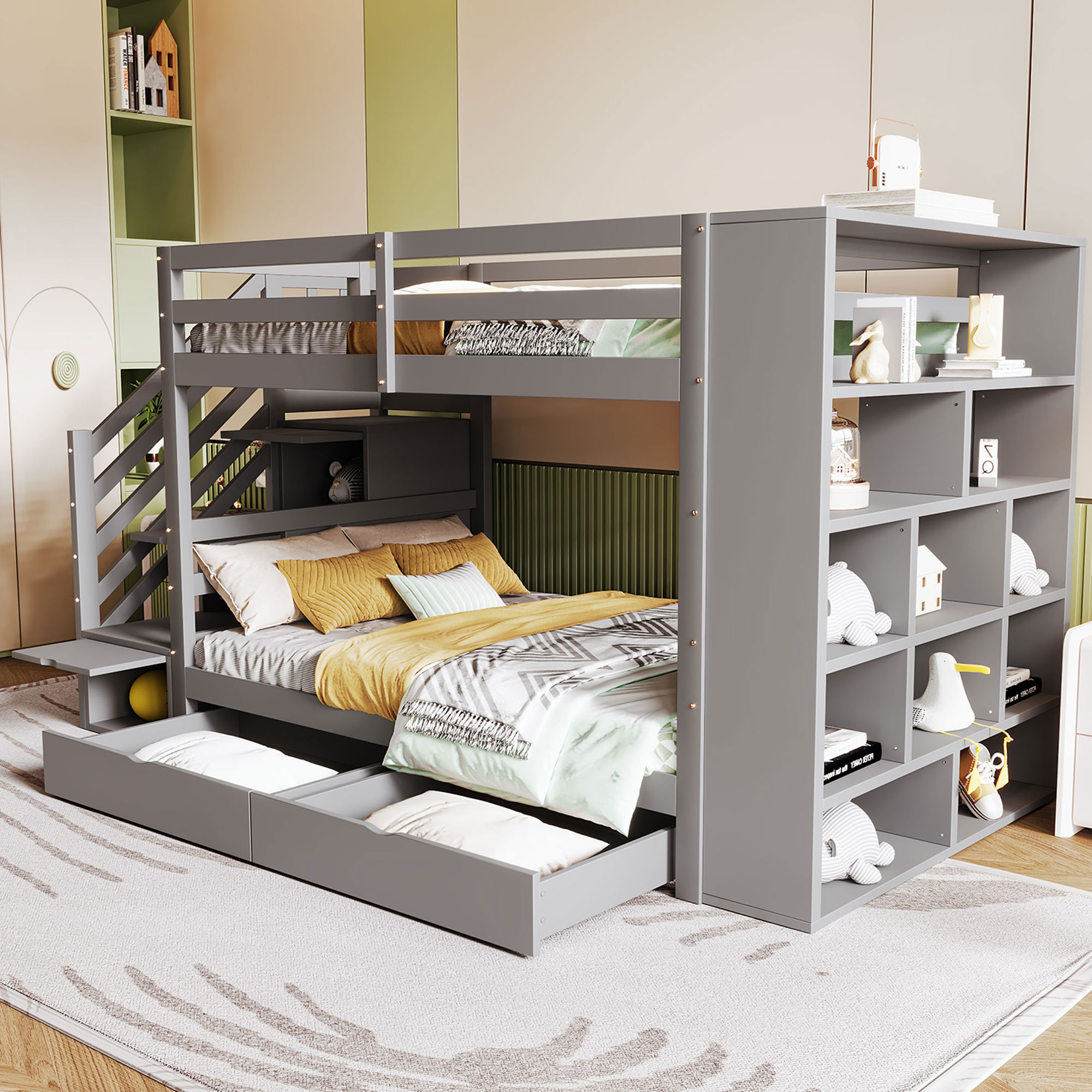 Lit superposé 90x200 cm avec rangements, tiroirs et grands placards, pour enfant et adolescent