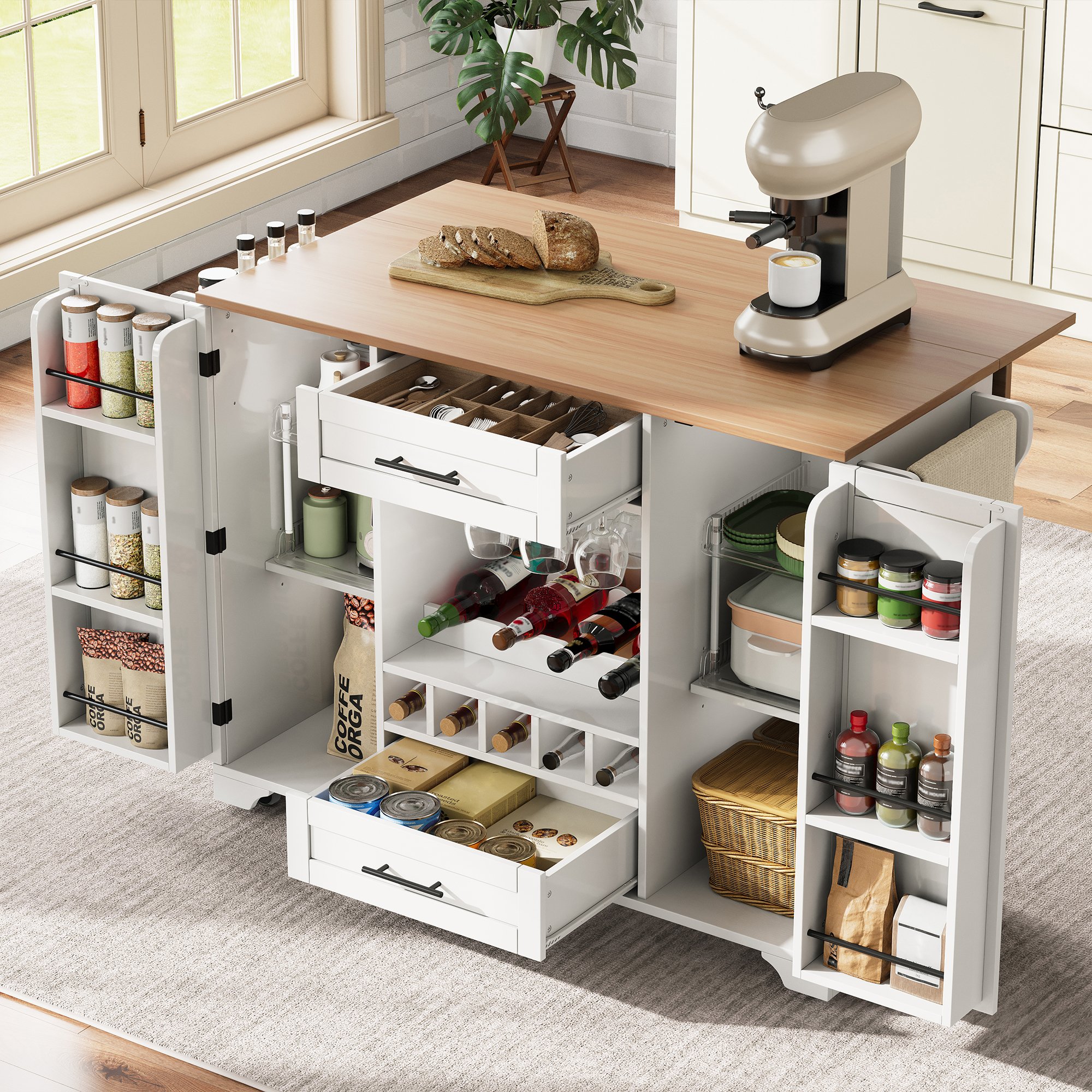 Îlot de cuisine blanc avec plan de travail rabattable, rangement, porte-bouteilles, porte-verres, étagère à épices, sur roulettes, 120x45/70x92 cm