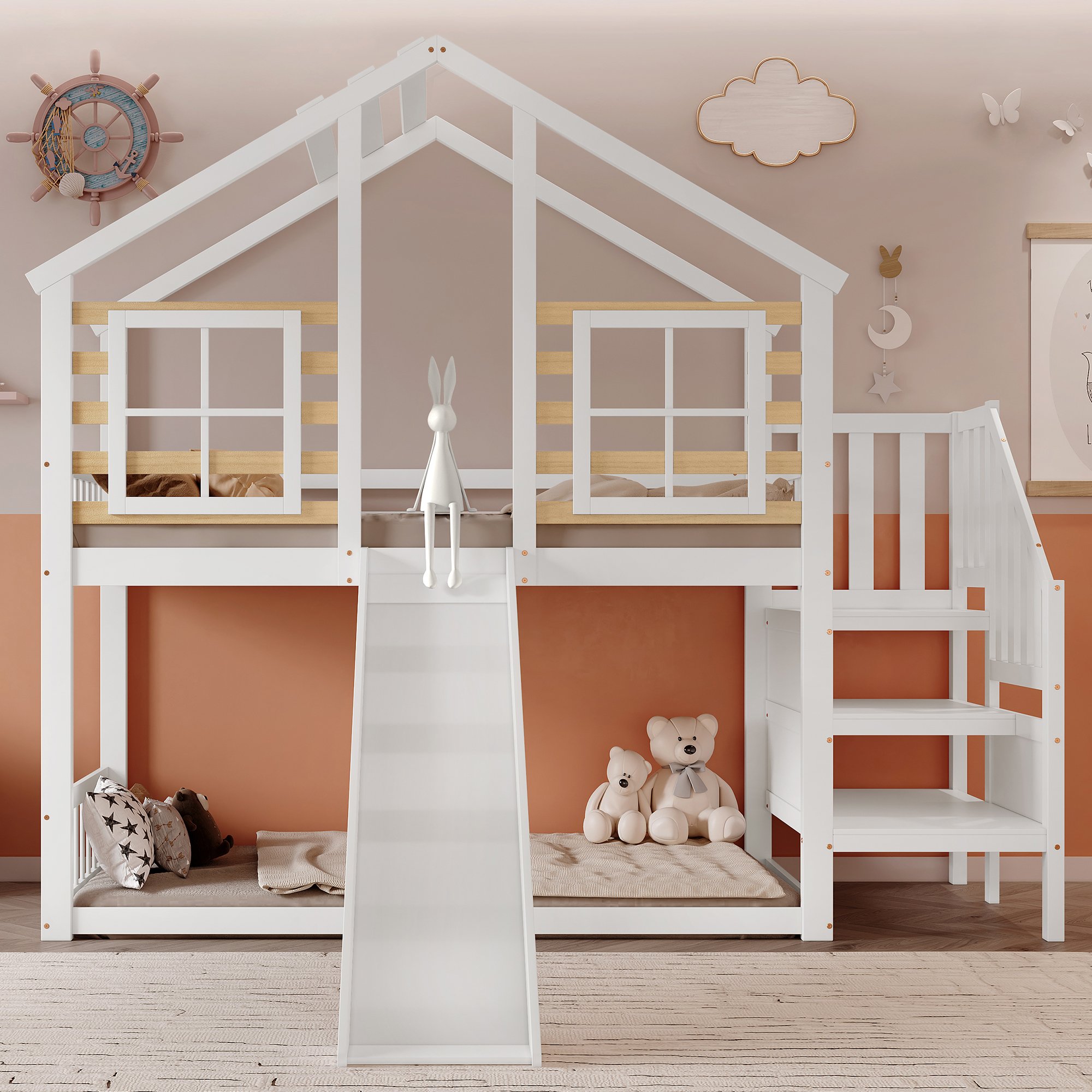Lit superposé 90x200 blanc et bois massif avec toboggan, escalier et fenêtres