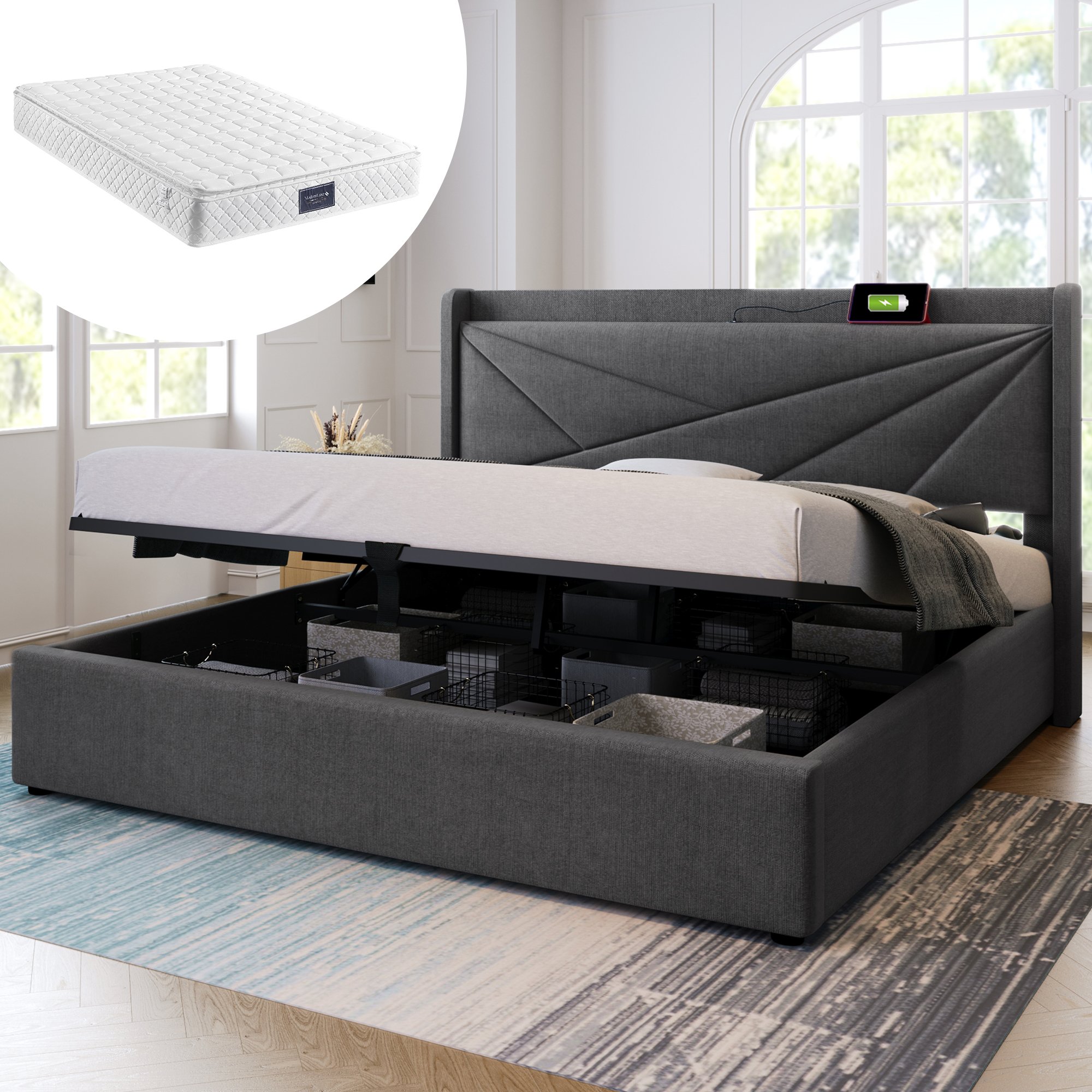 lit coffre double 140x200 gris avec tête de lit rembourrée en lin, rangement sous le couchage et ports USB Type-C intégrés