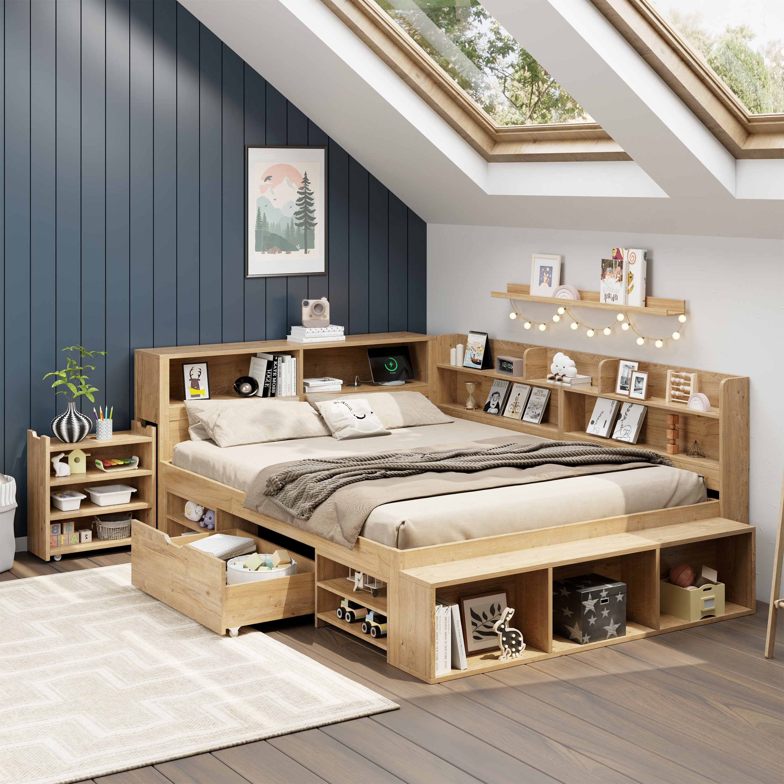 Lit enfant avec rangement 140x200 cm, lit simple multifonction en bois naturel avec table de chevet et chargeur sans fil