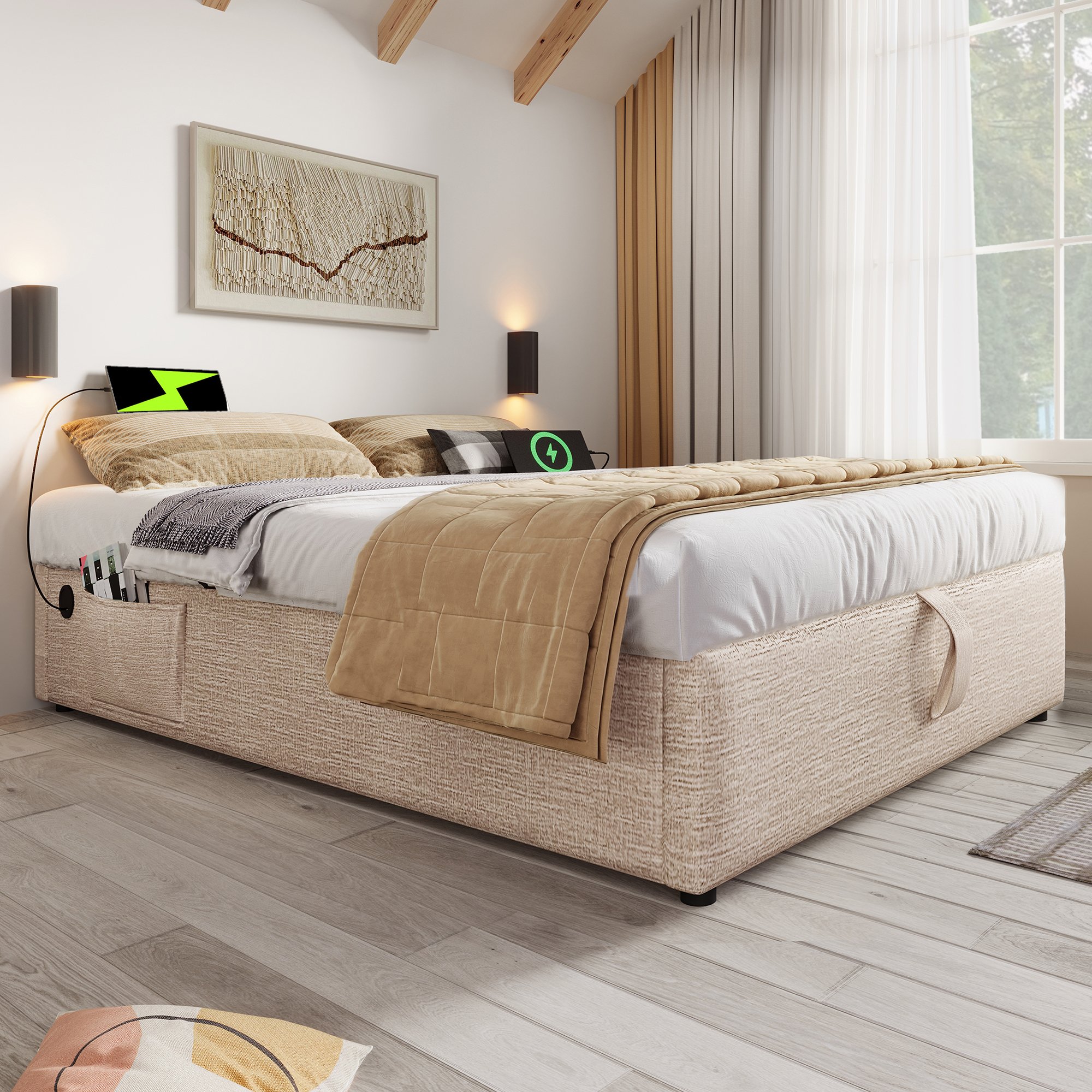 Lit coffre 140x200 avec sommier à lattes, cadre de lit double en lin beige sans tête de lit, rangement hydraulique et USB Type-C