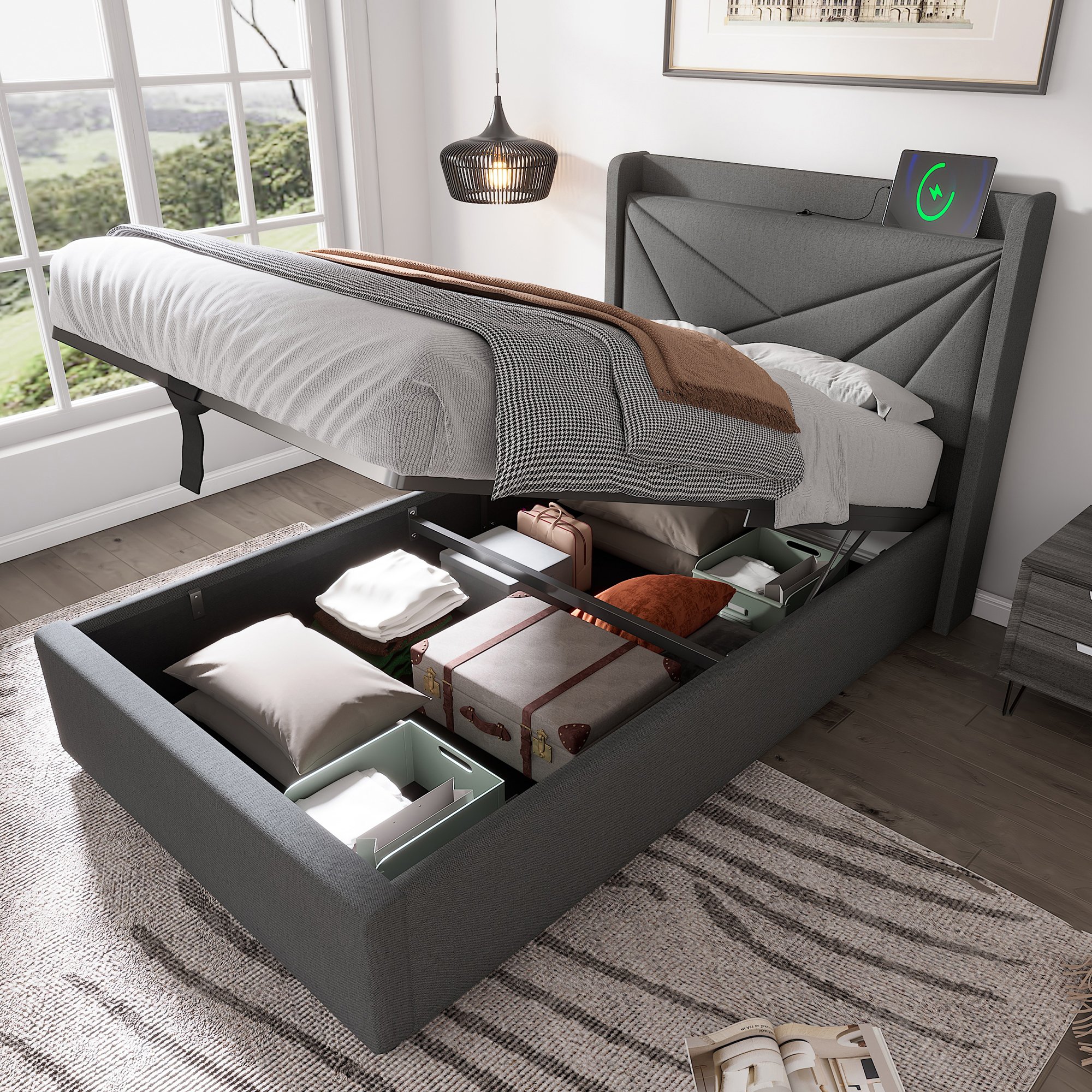 lit coffre 90x200 avec grand coffre de rangement et ports USB Type-C intégrés, lit simple gris avec tête de lit rembourrée