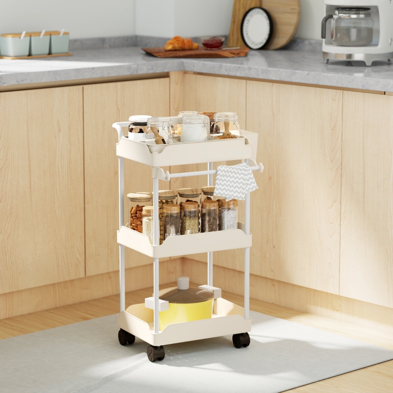 Chariot de rangement avec 3 paniers, porte-serviettes et crochets, roulettes avec freins, pour cuisine et salle de bain, blanc