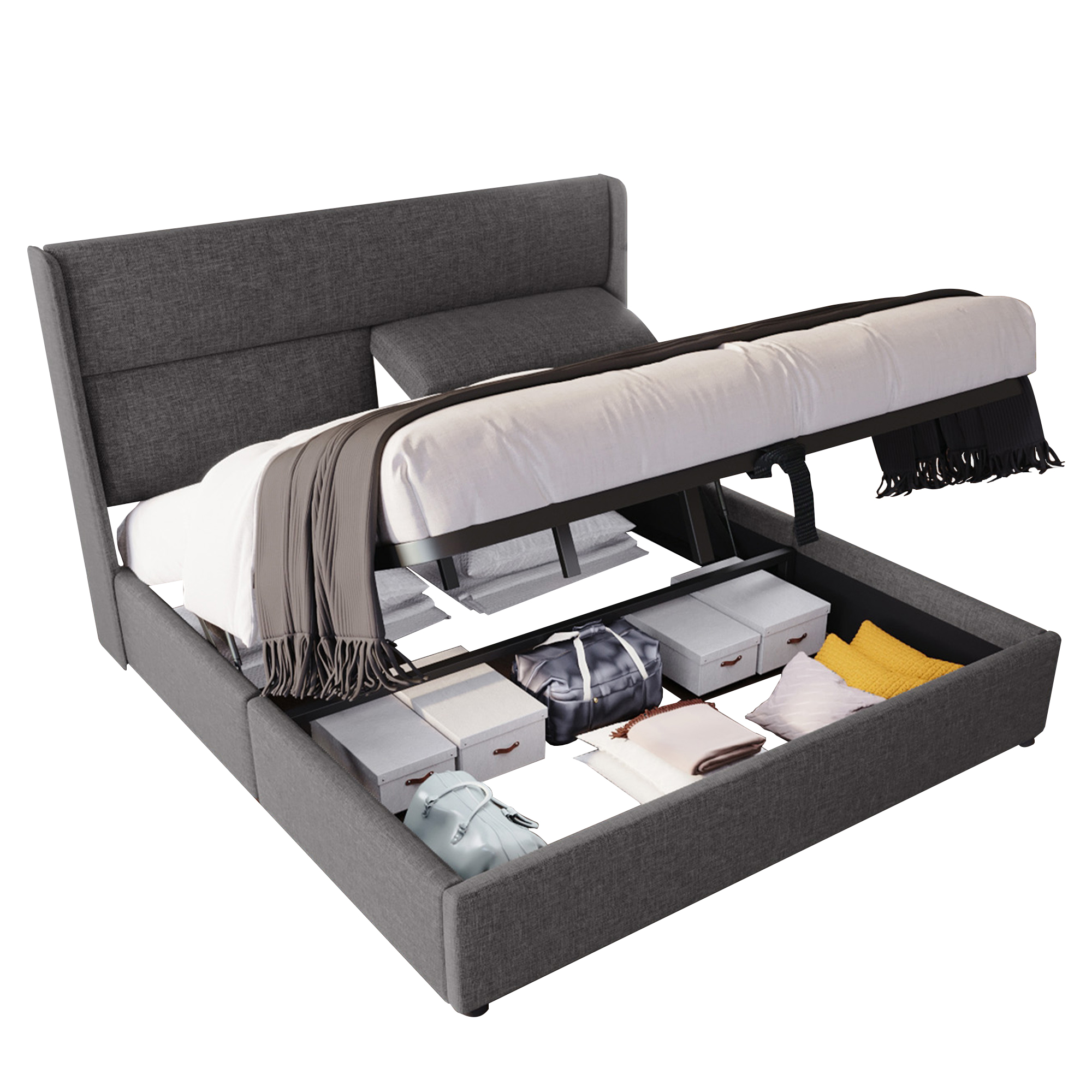 lit coffre 140x200 avec matelas, tête de lit capitonnée ajustable et grand coffre de rangement gris
