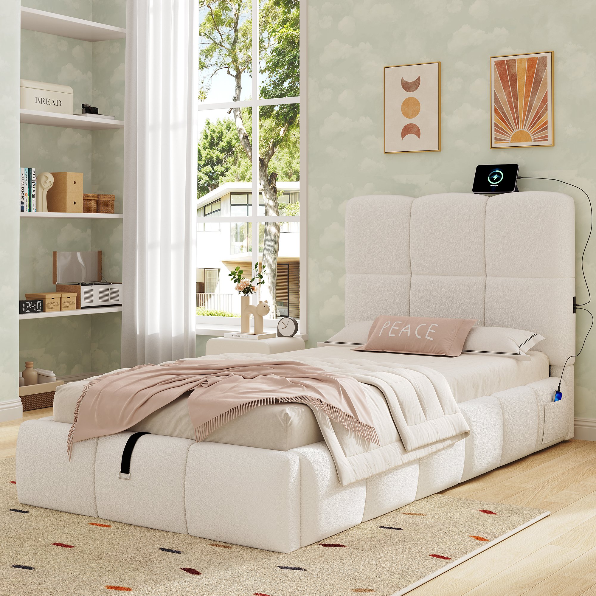 Lit coffre simple 90x200 cm avec coffre de rangement, sommier à lattes, port USB-C et dimensions totales 216,5 x 103,5 x 99 cm