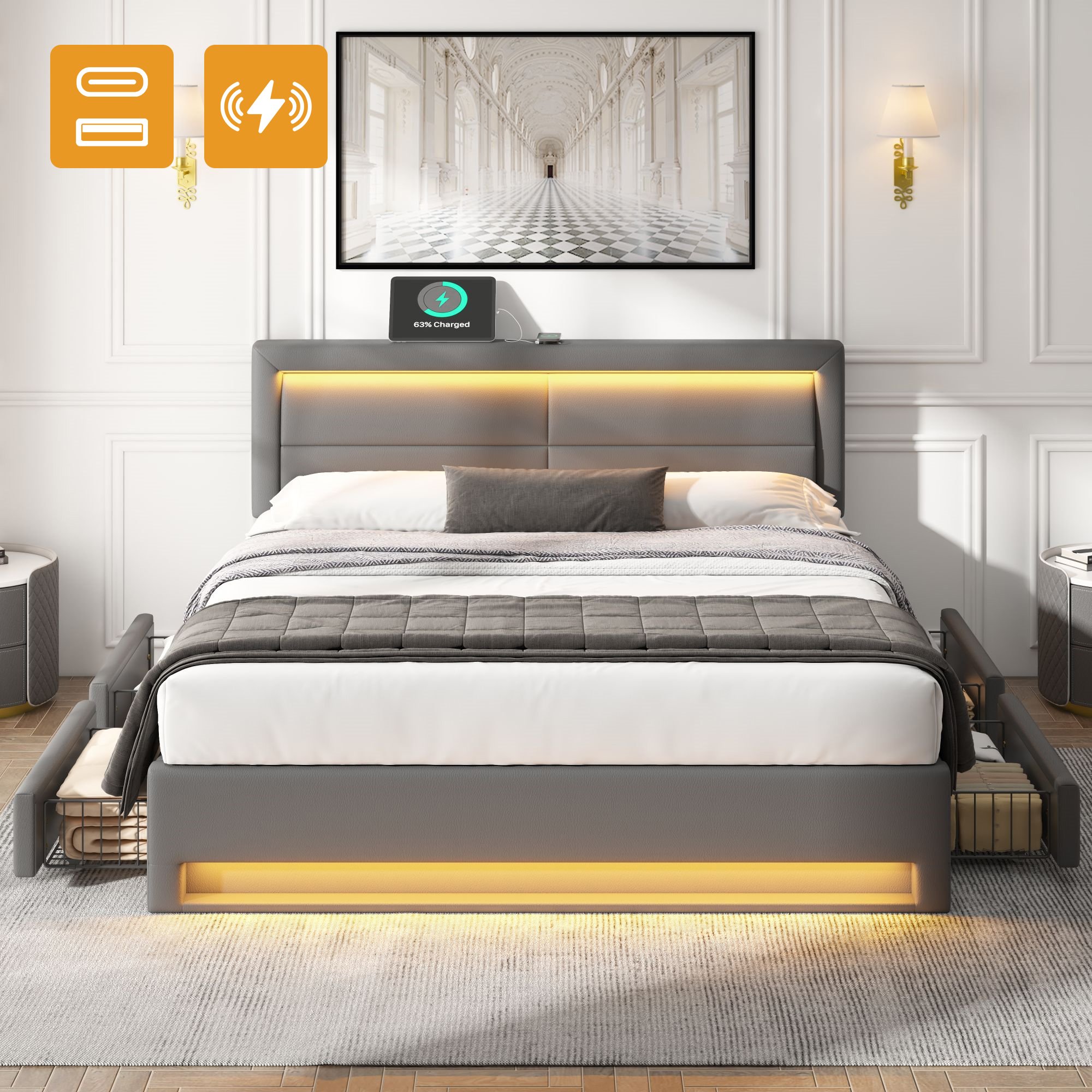 Lit rembourré 140x200cm avec LED et USB, 4 tiroirs de rangement, style contemporain gris, facile à monter soi-même