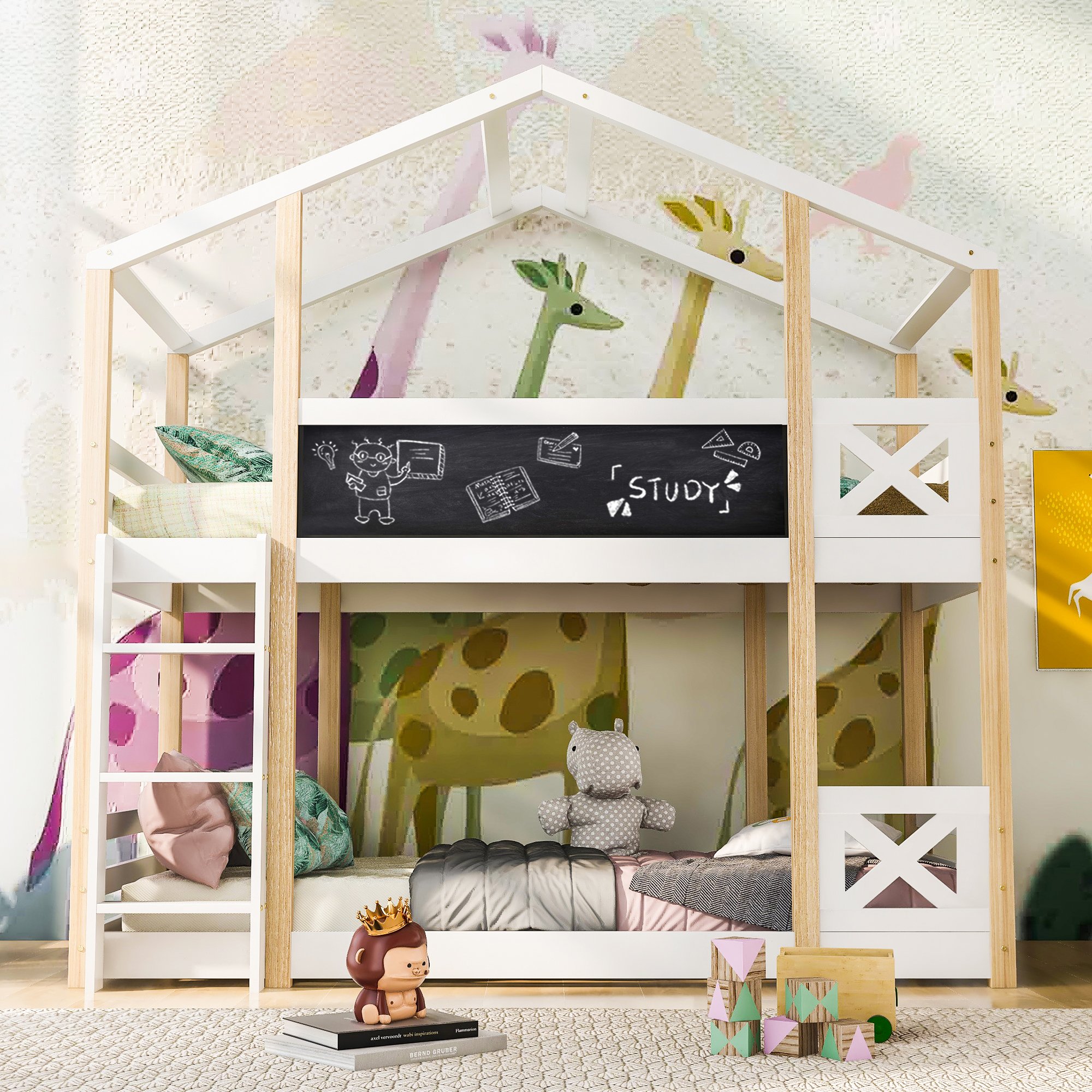 Lit mezzanine enfant avec échelle et barrière de sécurité, lit surélevé blanc en pin massif pour chambre d'enfant 6 ans+