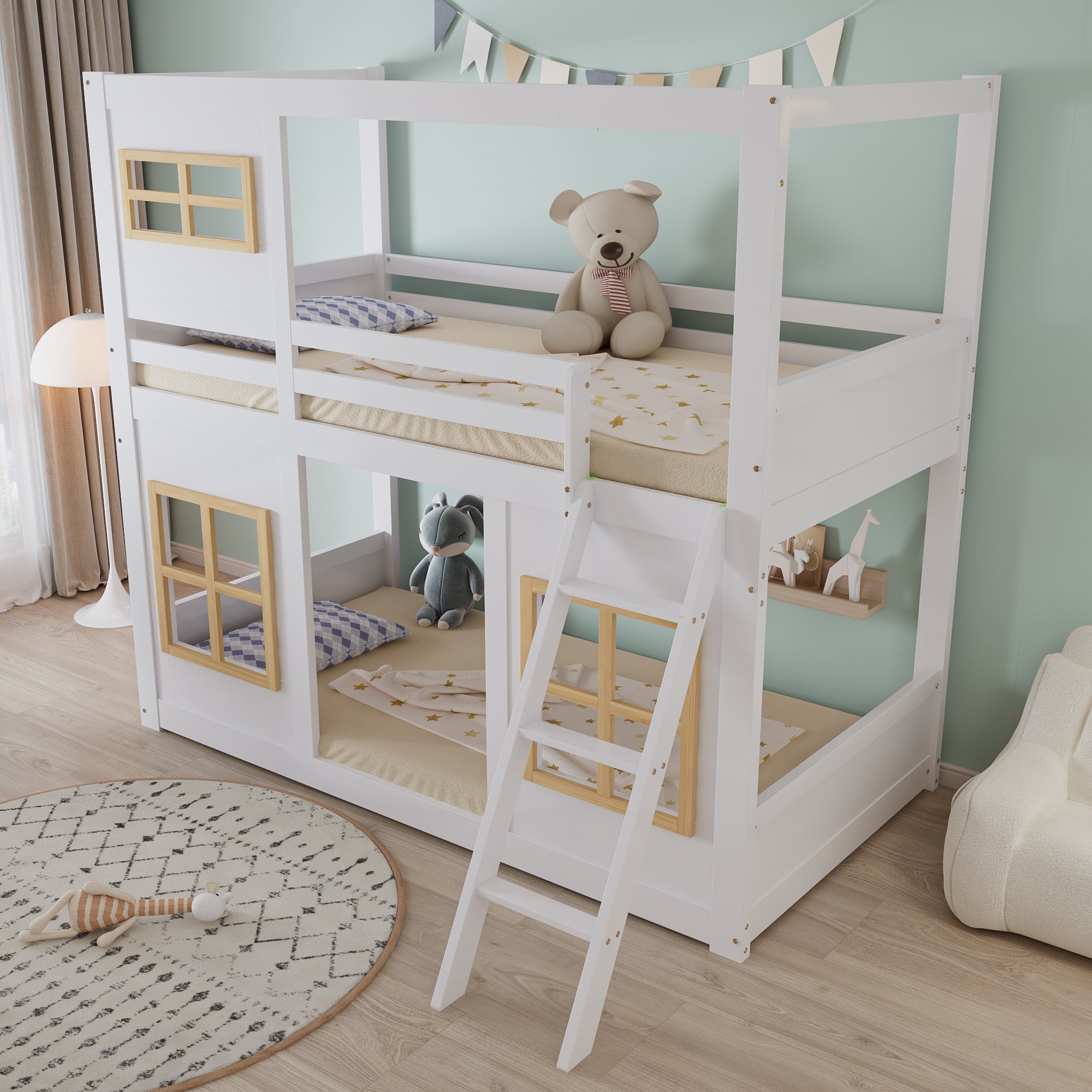 Lit superposé enfant 90x200 avec fenêtres, échelle et barrières de sécurité en pin blanc et naturel
