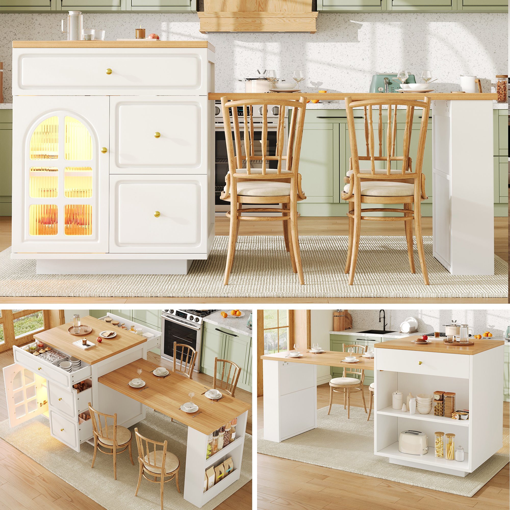 Îlot de cuisine avec rangement, extensible et blanc, tiroirs, LED RGB, vitrine, table ajustable 122,5-195,5 cm, Panneau composite de fibres de bois à densité
