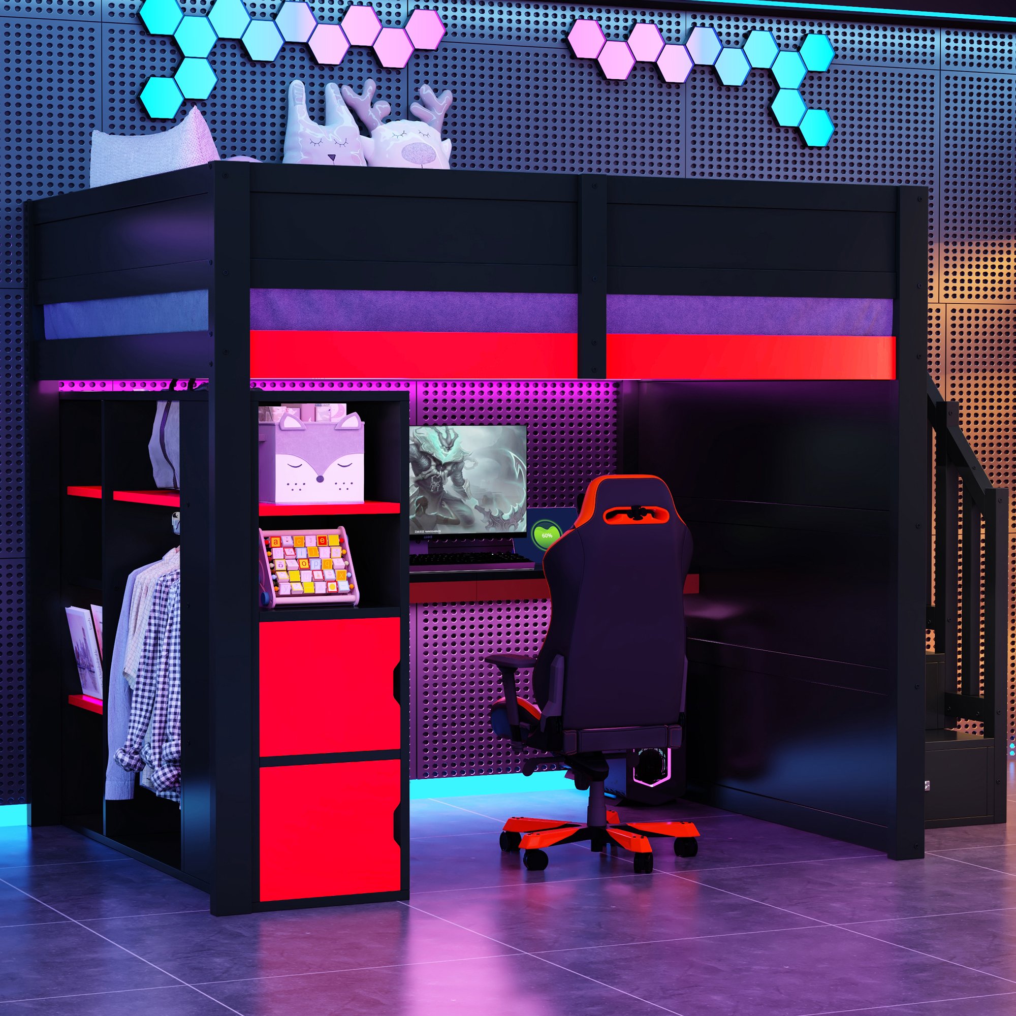 Lit mezzanine 140x200 avec bureau intégré et escalier avec rangements, LED et USB, noir et rouge
