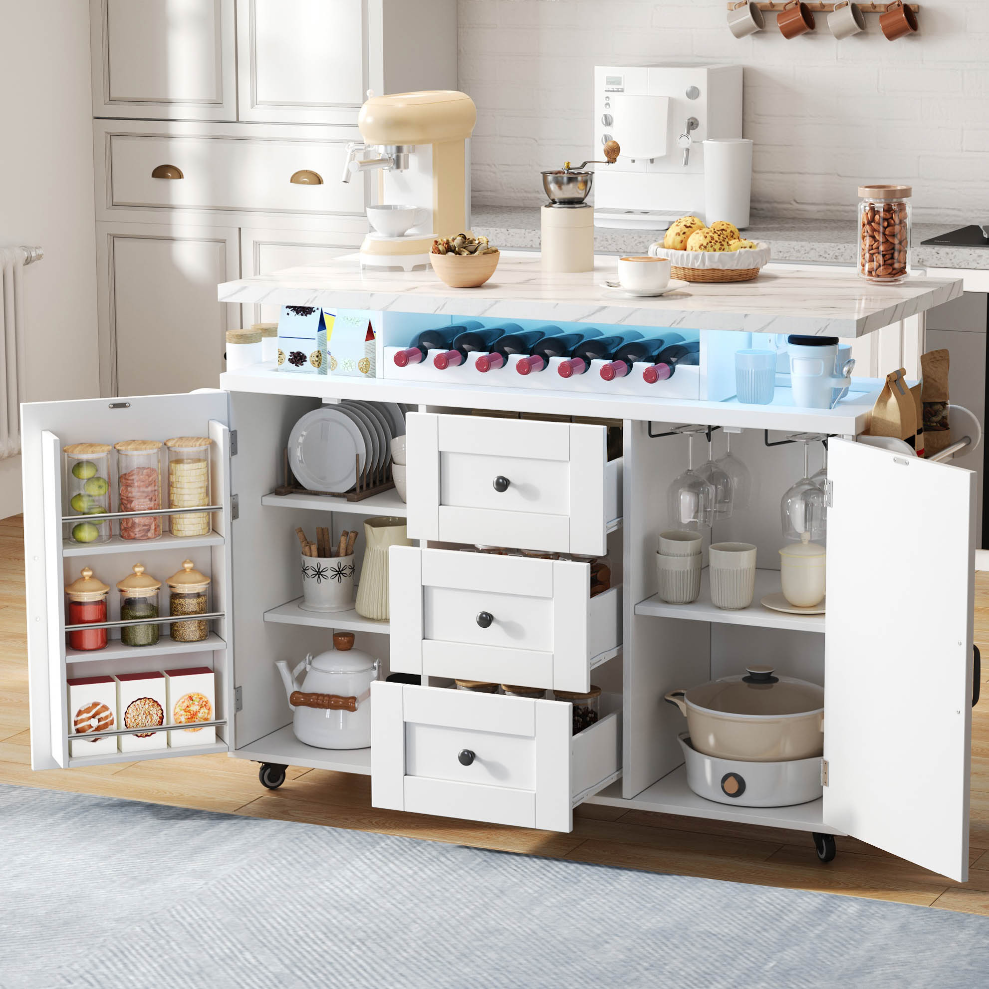 Îlot de cuisine blanc sur roulettes avec plan de travail rabattable, rangement, porte-bouteilles et LED, 120x60x93 cm