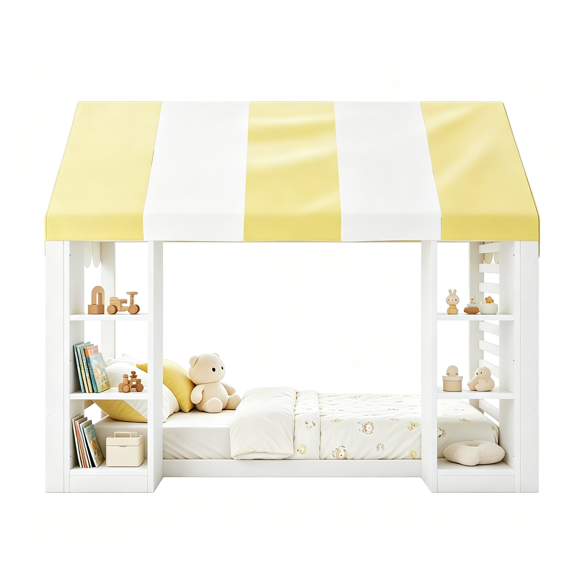 Lit mezzanine enfant 90x200 avec rangements intégrés et baldaquin, style champêtre, bois blanc