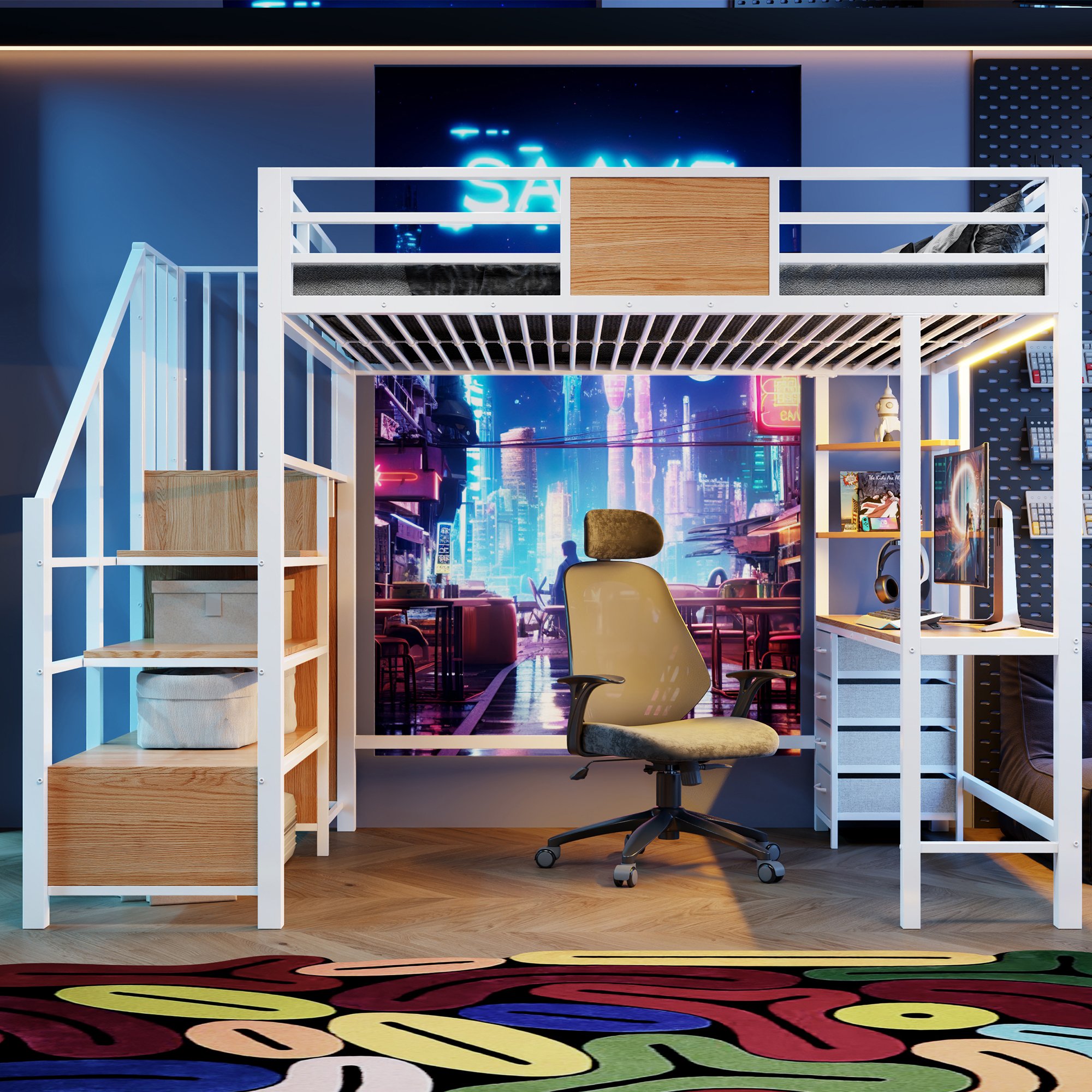Lit mezzanine avec bureau intégré et rangements, 140x200, penderie, LED et prise