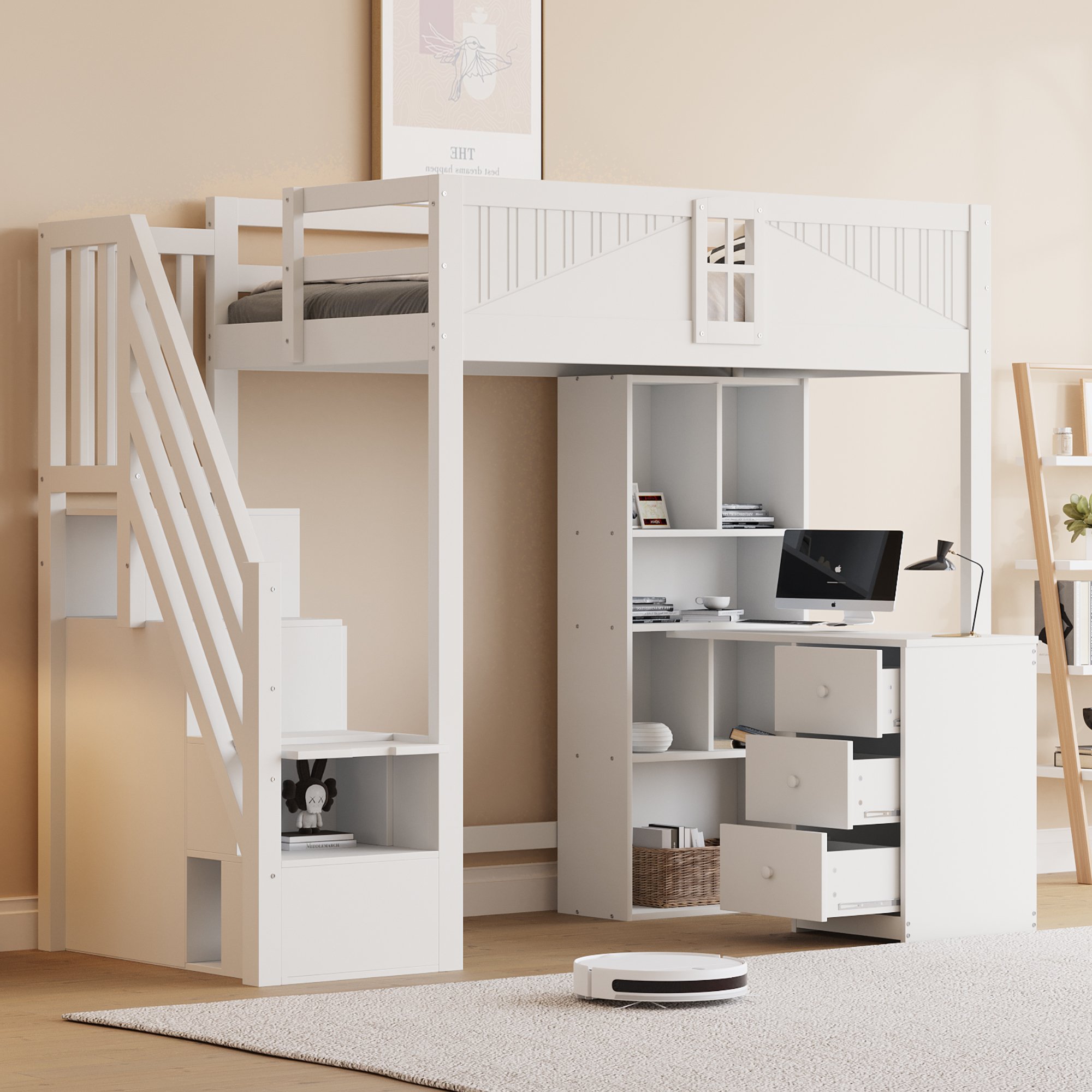 Lit mezzanine avec bureau intégré et rangements, 90x200, échelle réversible, sécurité enfant