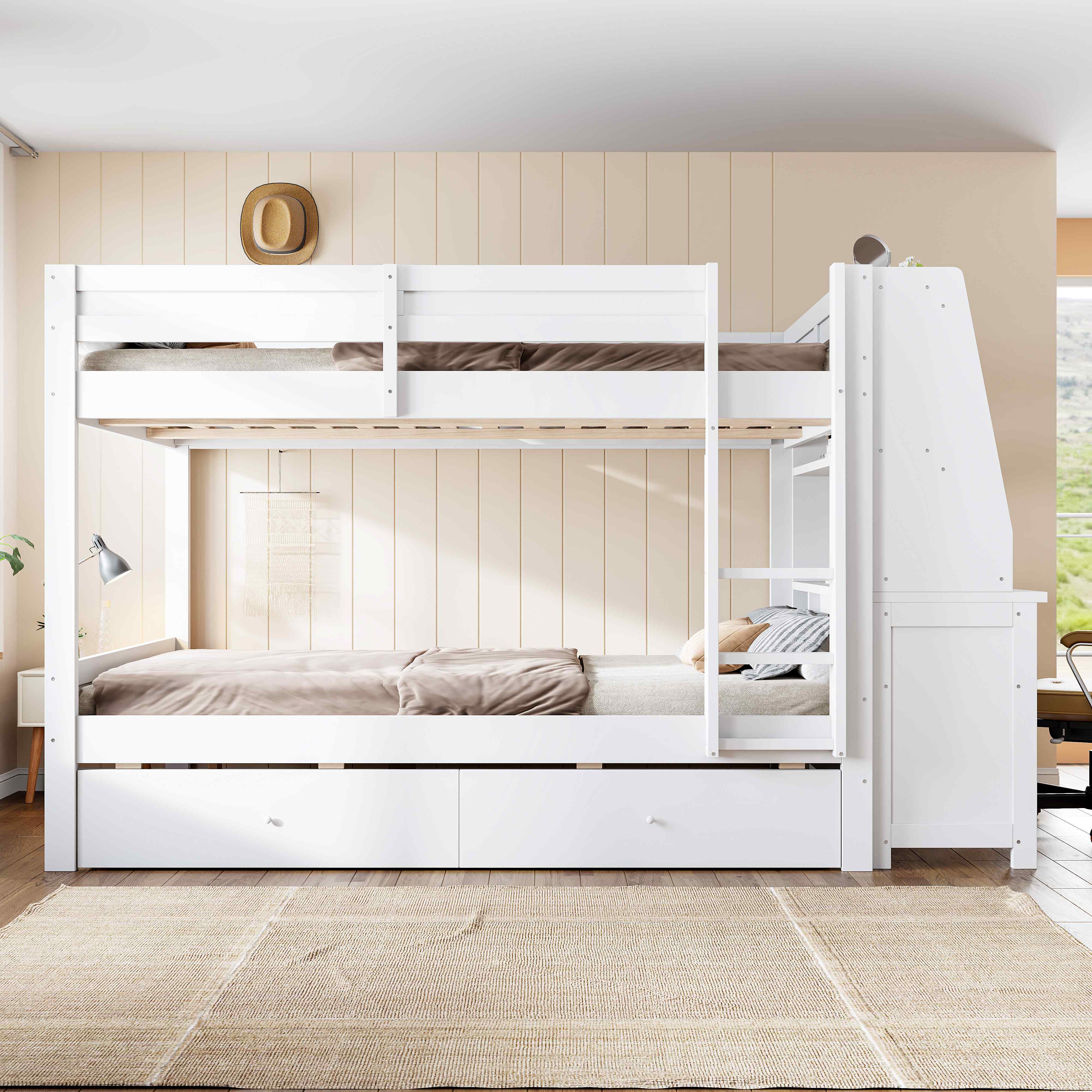 Lit superposé 140x200 blanc avec rangement, bureau et échelle - Bois pin et métal