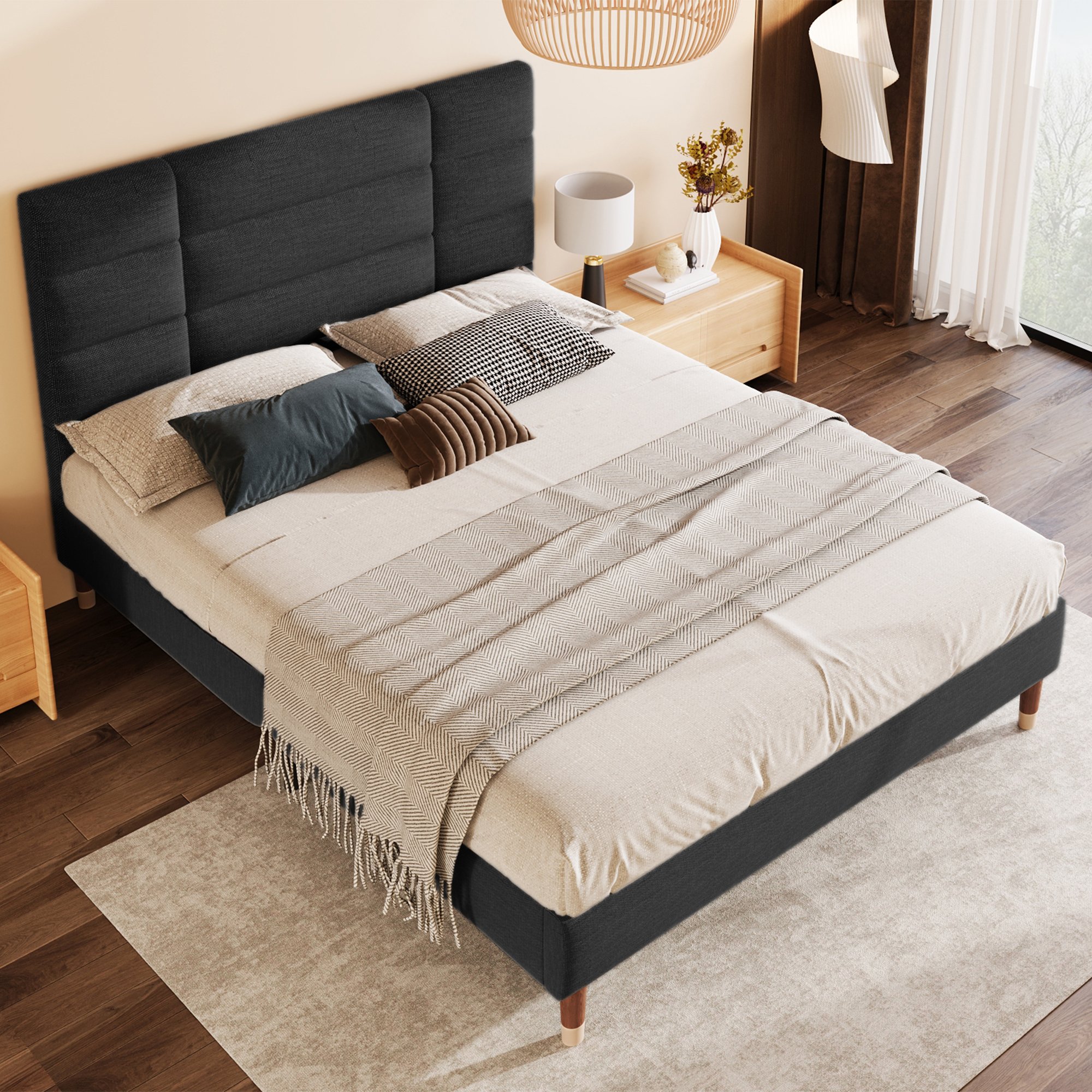 lit double rembourré 140x200 noir en lin avec cadre bois massif et structure acier renforcée pour stabilité optimale