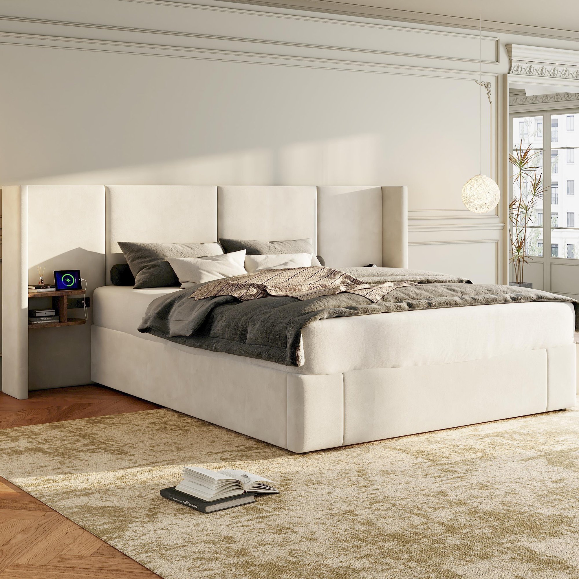 Lit coffre 160x200 cm velours beige avec rangement hydraulique, ports USB Type-C et A, prise secteur et sommier à lattes bois