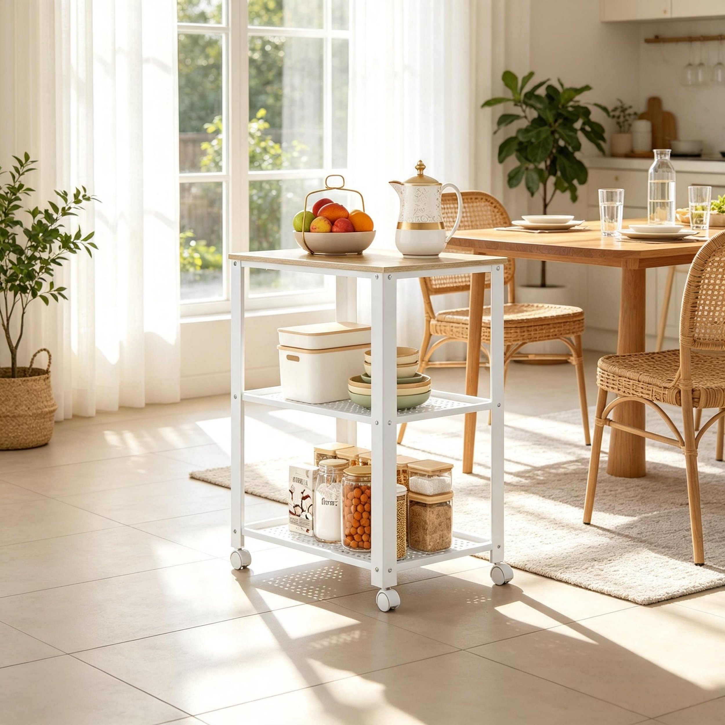 Chariot de cuisine roulant avec 4 roues pivotantes et freins, 3 étagères de rangement, idéal pour micro-ondes, 60x40x76 cm