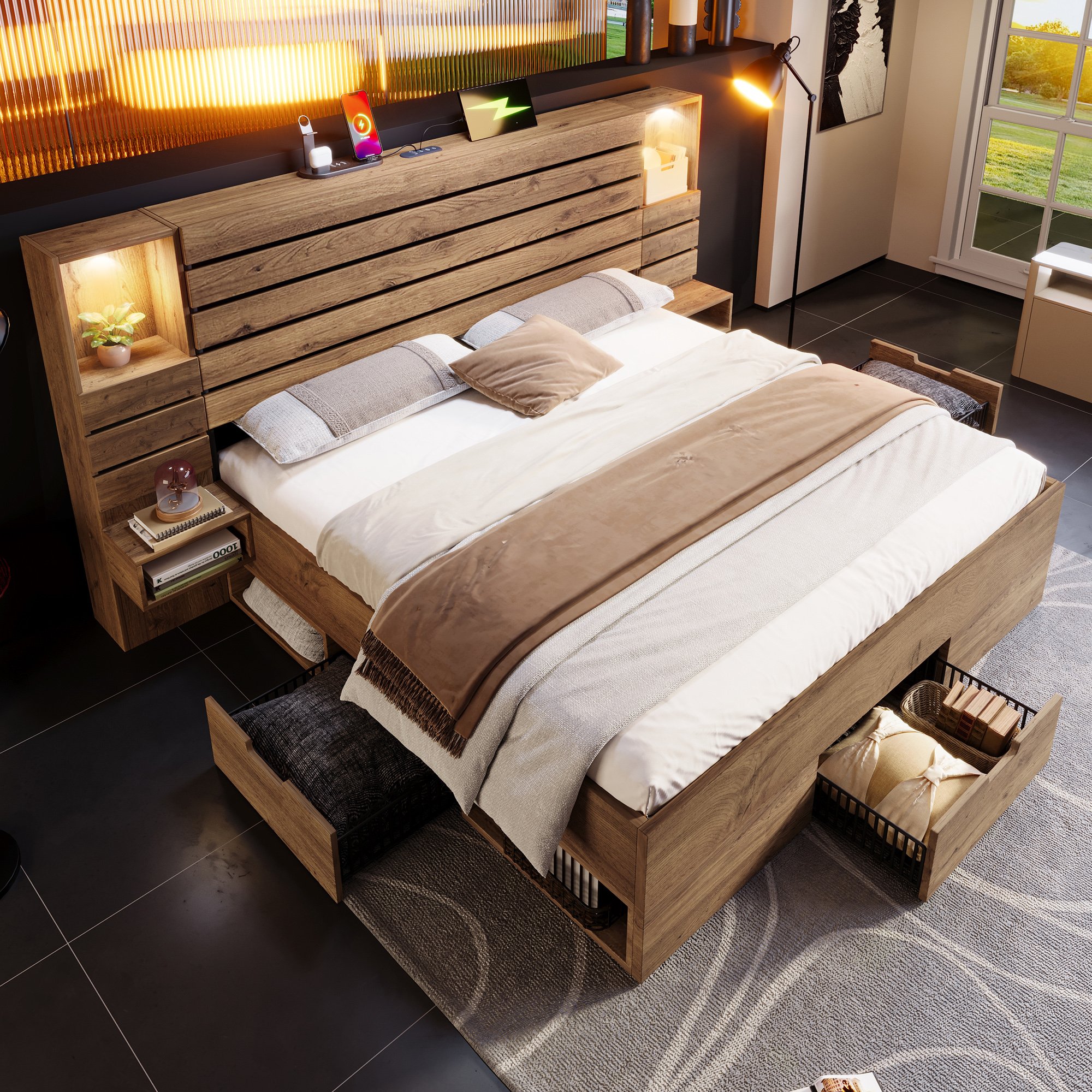 Lit coffre 160x200 avec LED et USB Type-C, rangement tiroirs et étagères, tête de lit avec niche lumineuse et tables flottantes