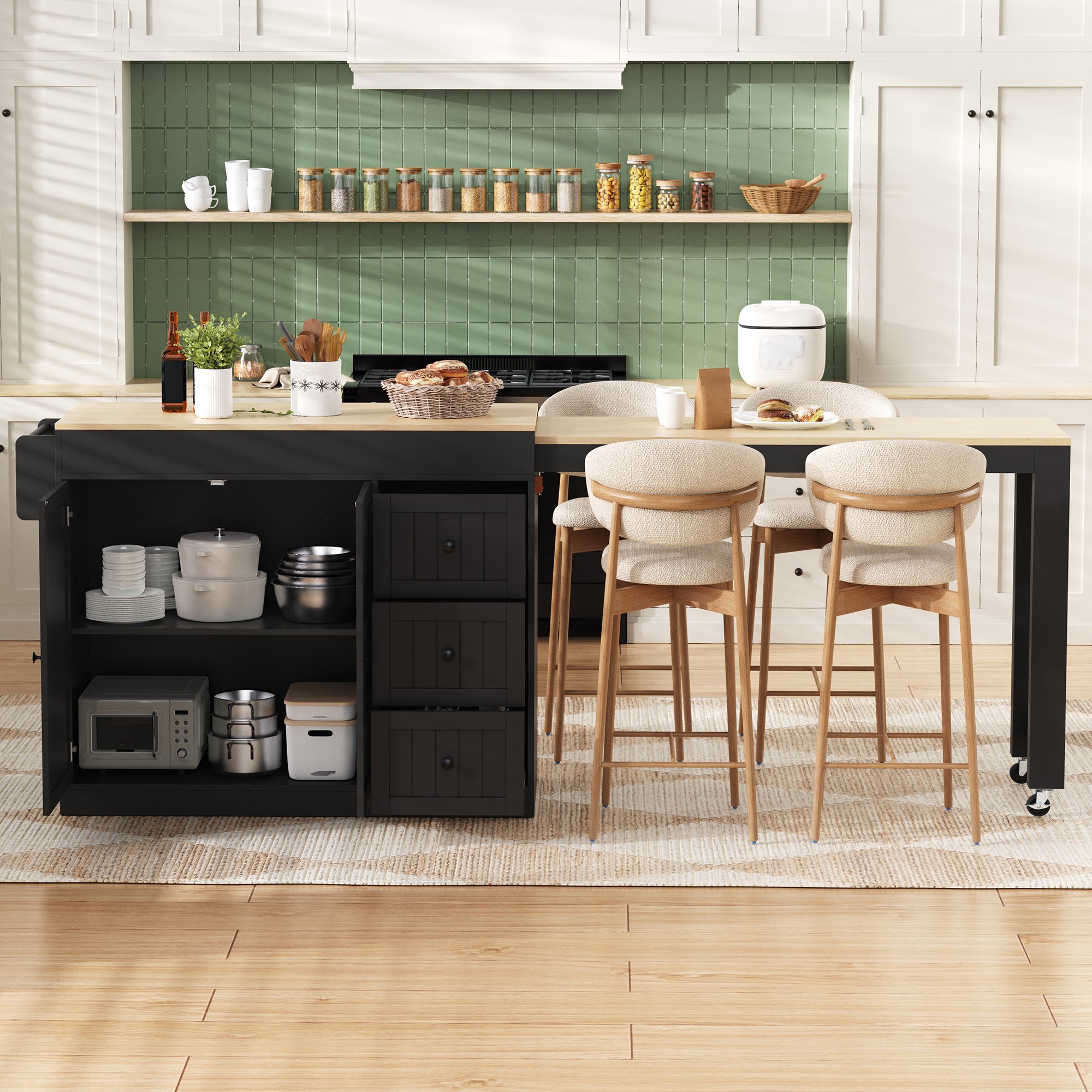 Îlot de cuisine sur roulettes noir 112-186,8 cm avec rangement, plan extensible et tiroirs, Panneau composite de fibres de bois à densité, pour cuisine et salle à manger