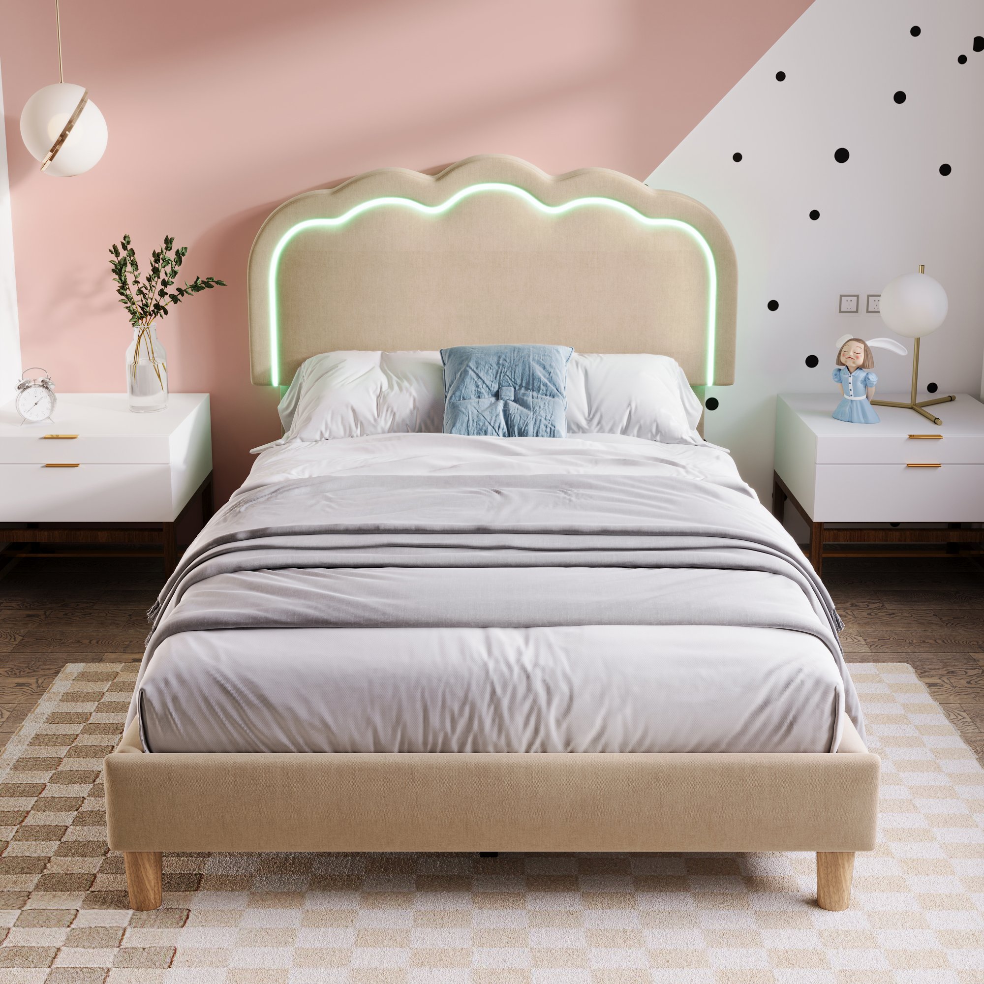 Lit LED 90x200 avec sommier à lattes, lit beige en tissu lin avec tête de lit rembourrée et réglable