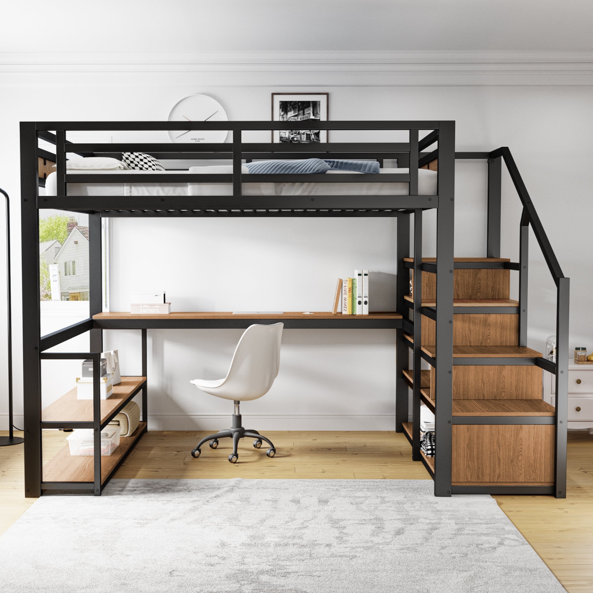 Lit mezzanine 140x200 en métal et Panneau composite de fibres de bois à densité, avec échelle de rangement, table et étagères, noir, pour enfant et adulte