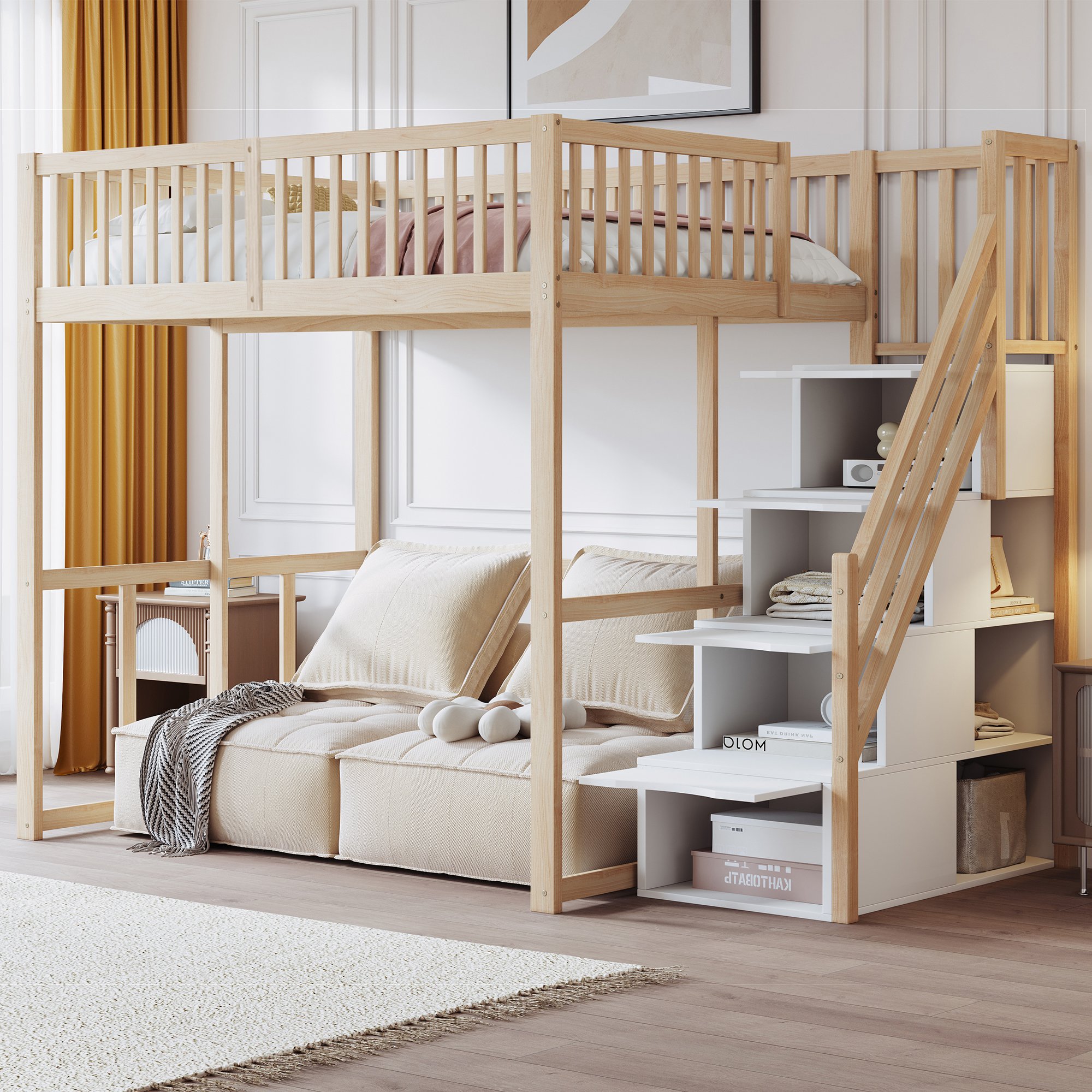 Lit mezzanine 140x200 pour enfant et adulte, avec échelle de rangement et barrière de sécurité
