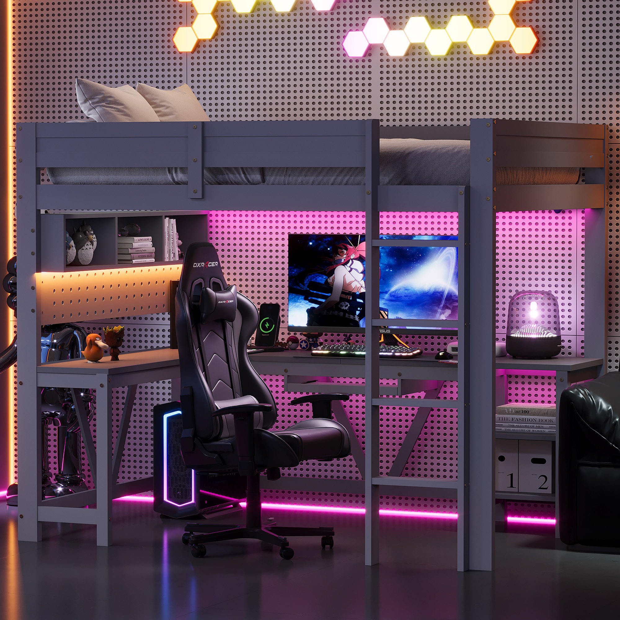 Lit mezzanine avec bureau, rangements et LED, couchage 90x200, chargeur USB intégré