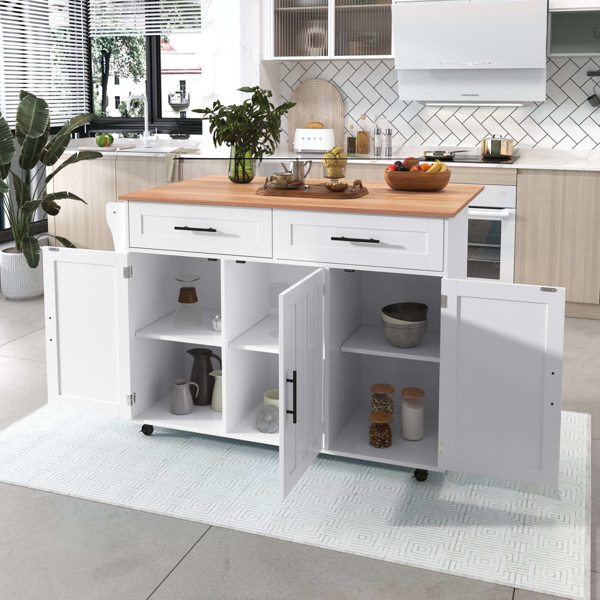 Îlot de cuisine blanc avec rangement et table rabattable, sur roulettes, avec tiroirs et étagères réglables, 129x46x91,5 cm