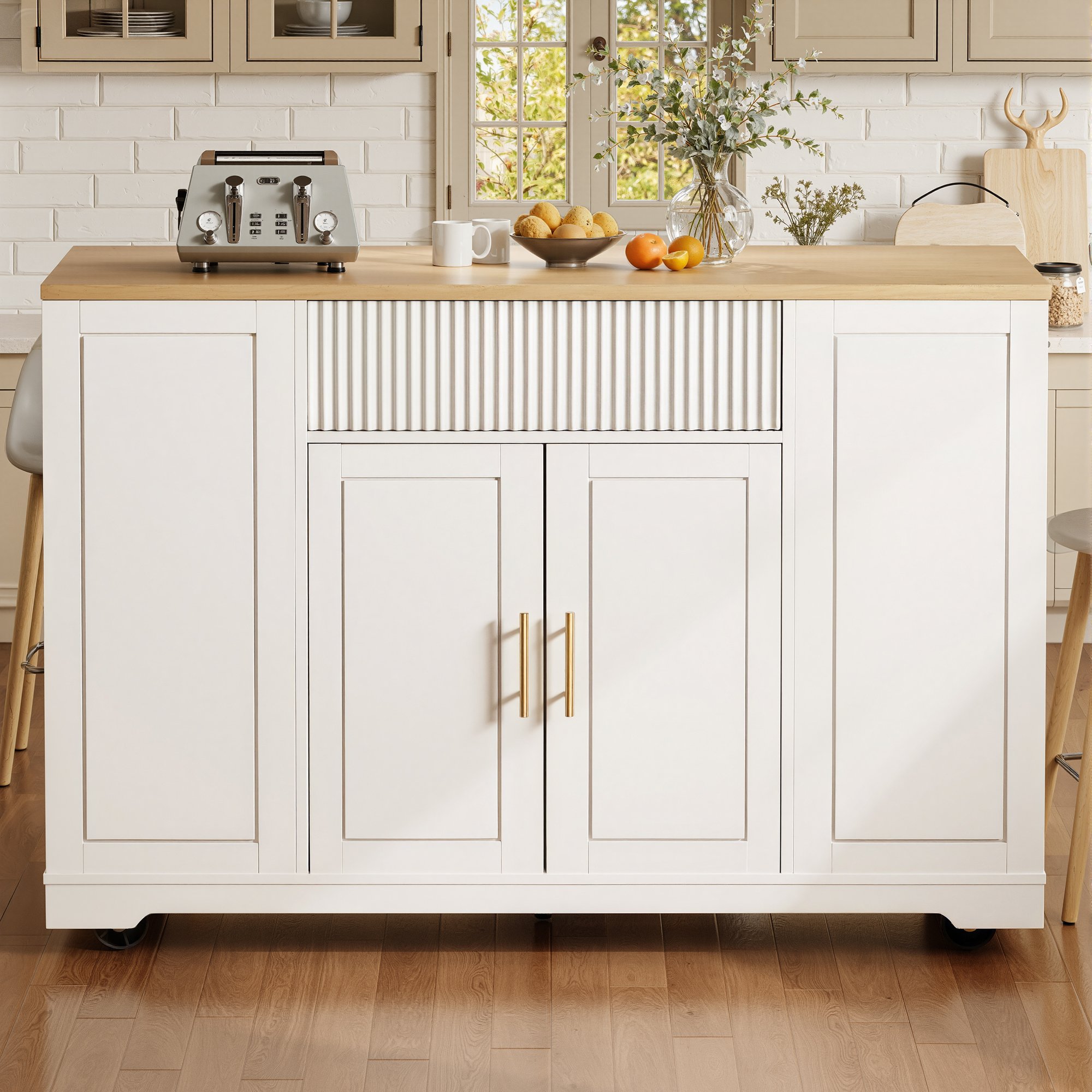 Îlot de cuisine en Panneau composite de fibres de bois à densité et métal, blanc, avec 2 portes, 3 tiroirs, roulettes 360° et poubelle intégrée, 120x50x92 cm