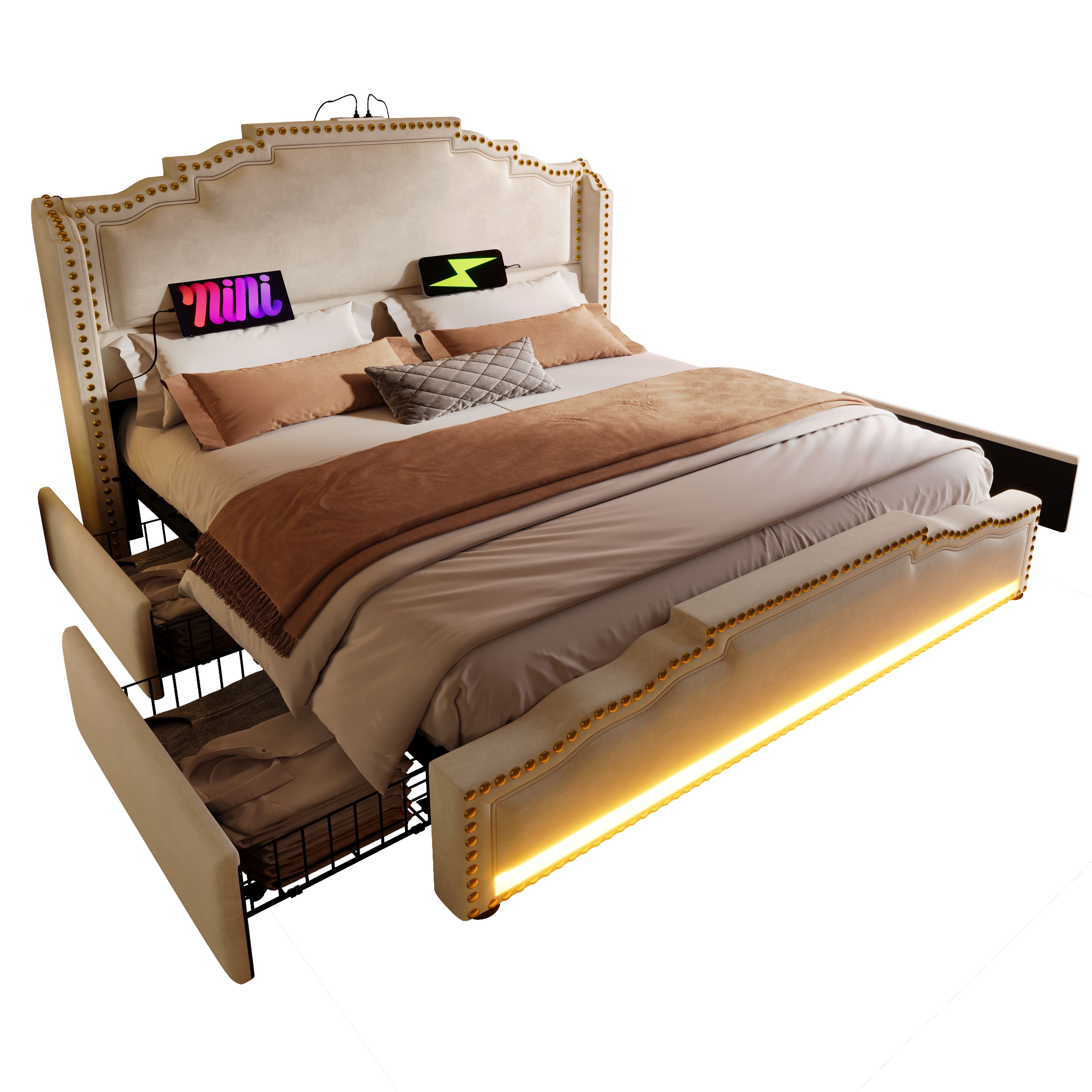 lit coffre 140x200 pour lit double, cadre robuste avec 4 tiroirs de rangement et LED RGB