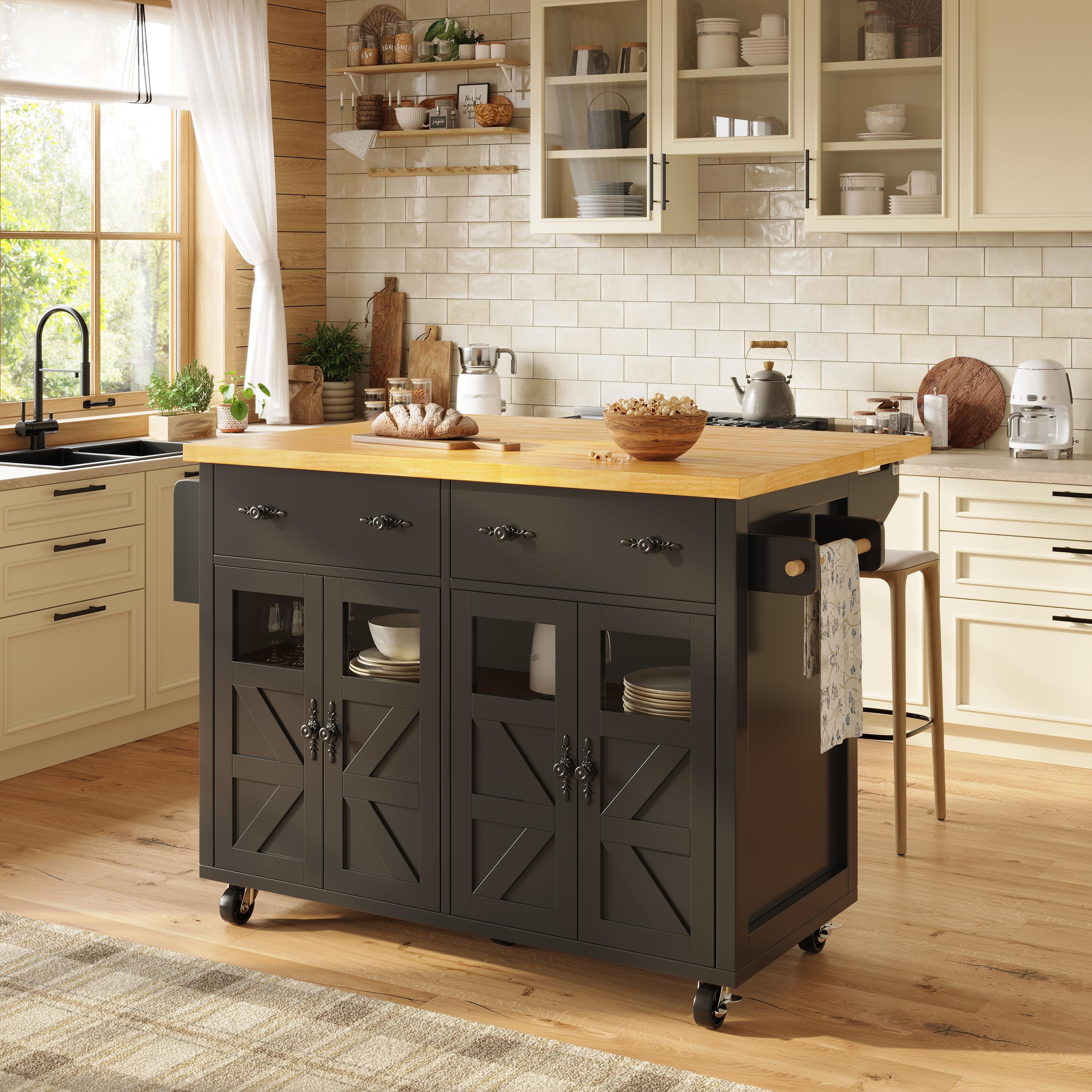 Îlot de cuisine noir avec rangement, plan de travail extensible, roulettes avec freins, étagères réglables, en Panneau composite de fibres de bois à densité, pour cuisine et salle à manger